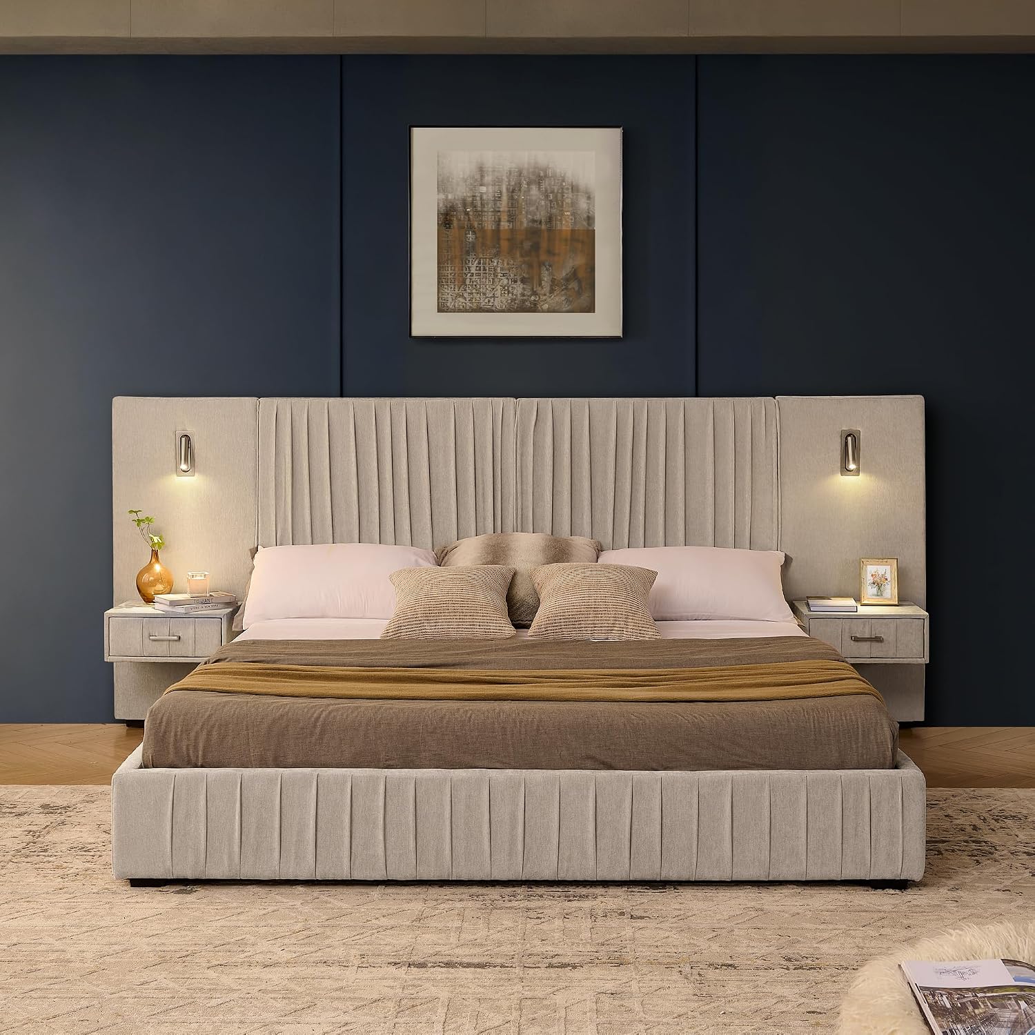 King Size Upholstered Platform Bed Frame with Headboard & Built-in Nightstand, Luxury Bed Frame for Modern Bedroom Sets, No Box Spring Needed, Stable & Adjustable Lighting(Beige)