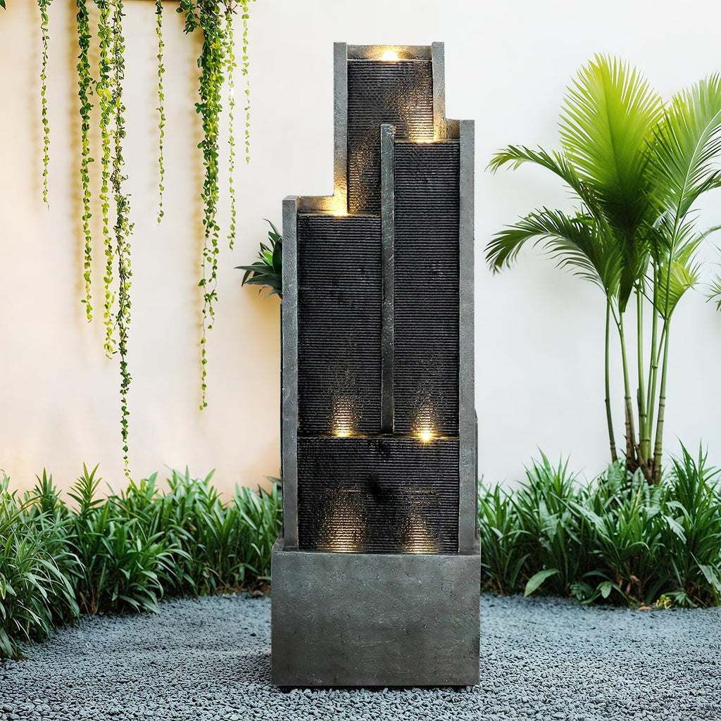 SunJet 5-Tier Modern Water Fountain, Indoor/Outdoor Resin Water Fountains with Soothing Water Sounds & Warm LED Light, Perfect for Garden, Patio, Home & Office, 16.9' L x 9.8' W x 50.7' H