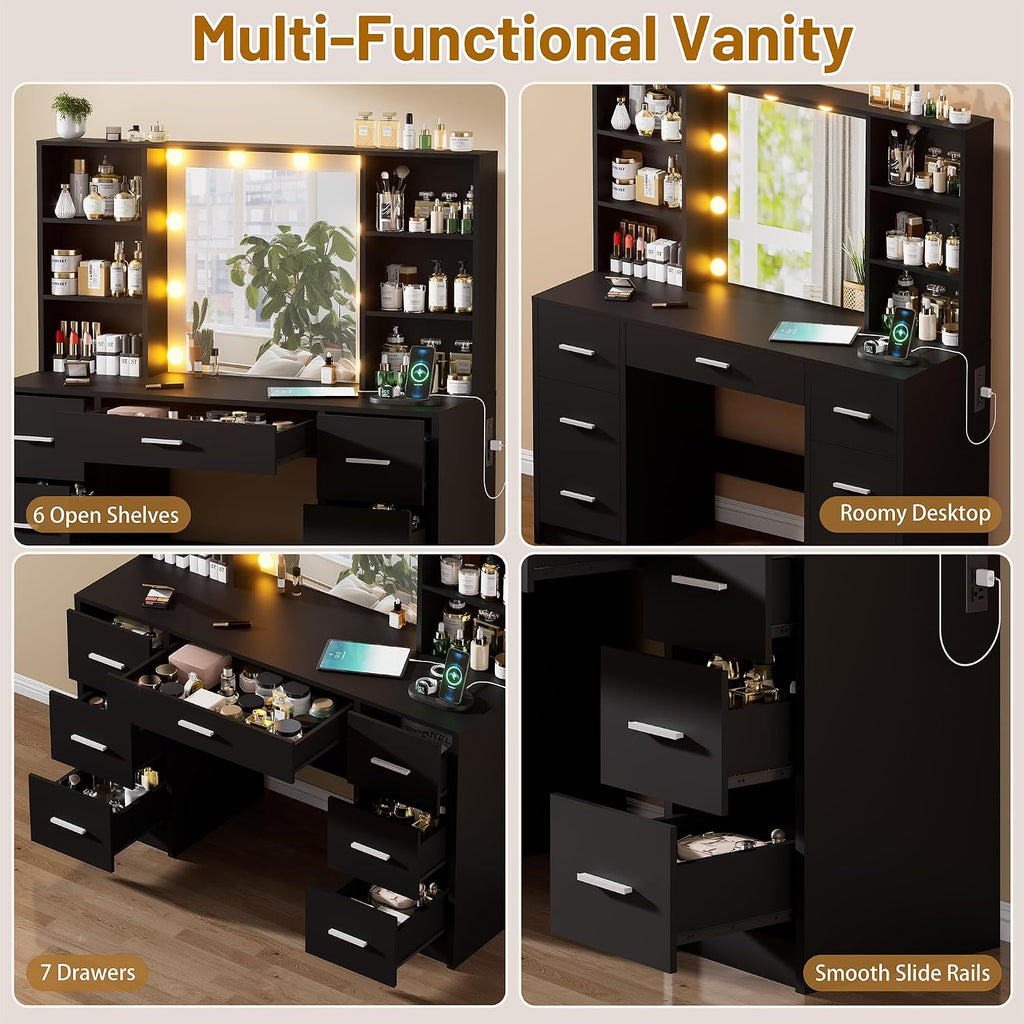 Vanity Desk with Mirror and LED Lights, Large Vanity with 7 Drawers and 6 Shelves, Make up Vanity Dressing Table with Charging Station for Girls, Women (Black)