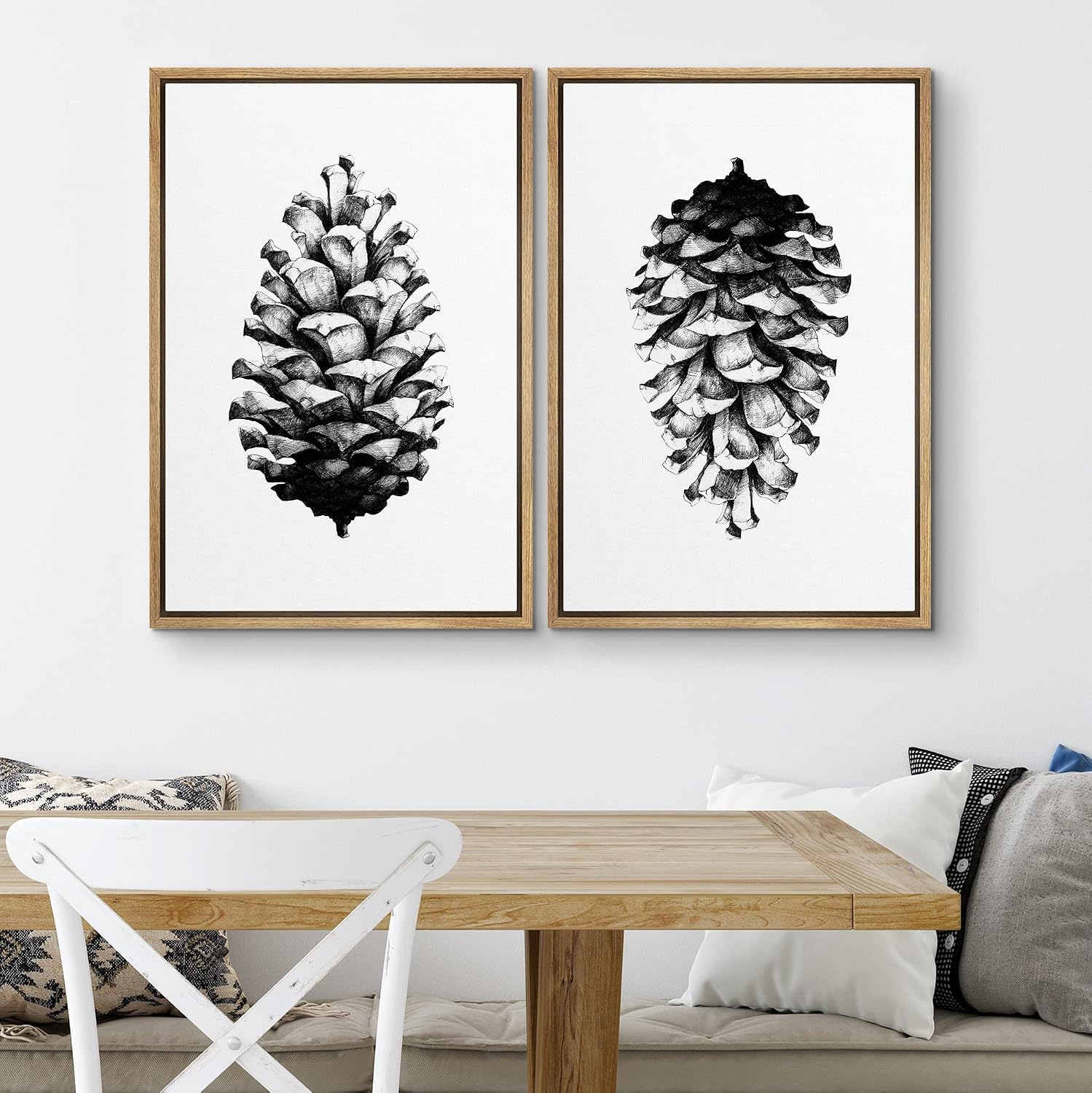 SIGNWIN Framed Canvas Print Wall Art Set Black & White Forest Woodland Pinecone Nature Wilderness Illustrations Modern Art Rustic Relax/Calm for Living Room, Bedroom, Office - 24'x36'x2 Natural