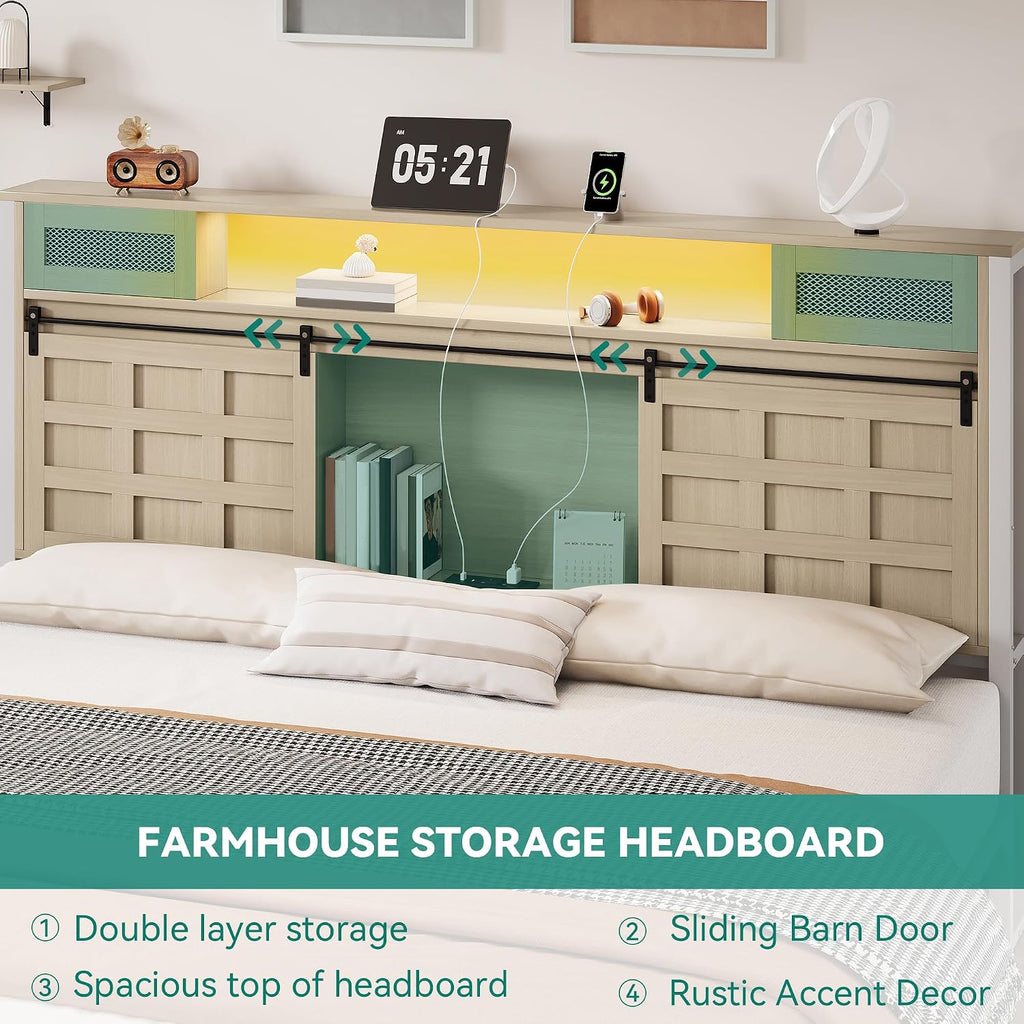 YITAHOME Farmhouse Bed Frame King Size with Storage Bookcase Headboard, Wooden Bed Frame with Charging Station & Led Light, Platform Bed with Sliding Barn Door, No Box Spring Needed,Oak w/Light