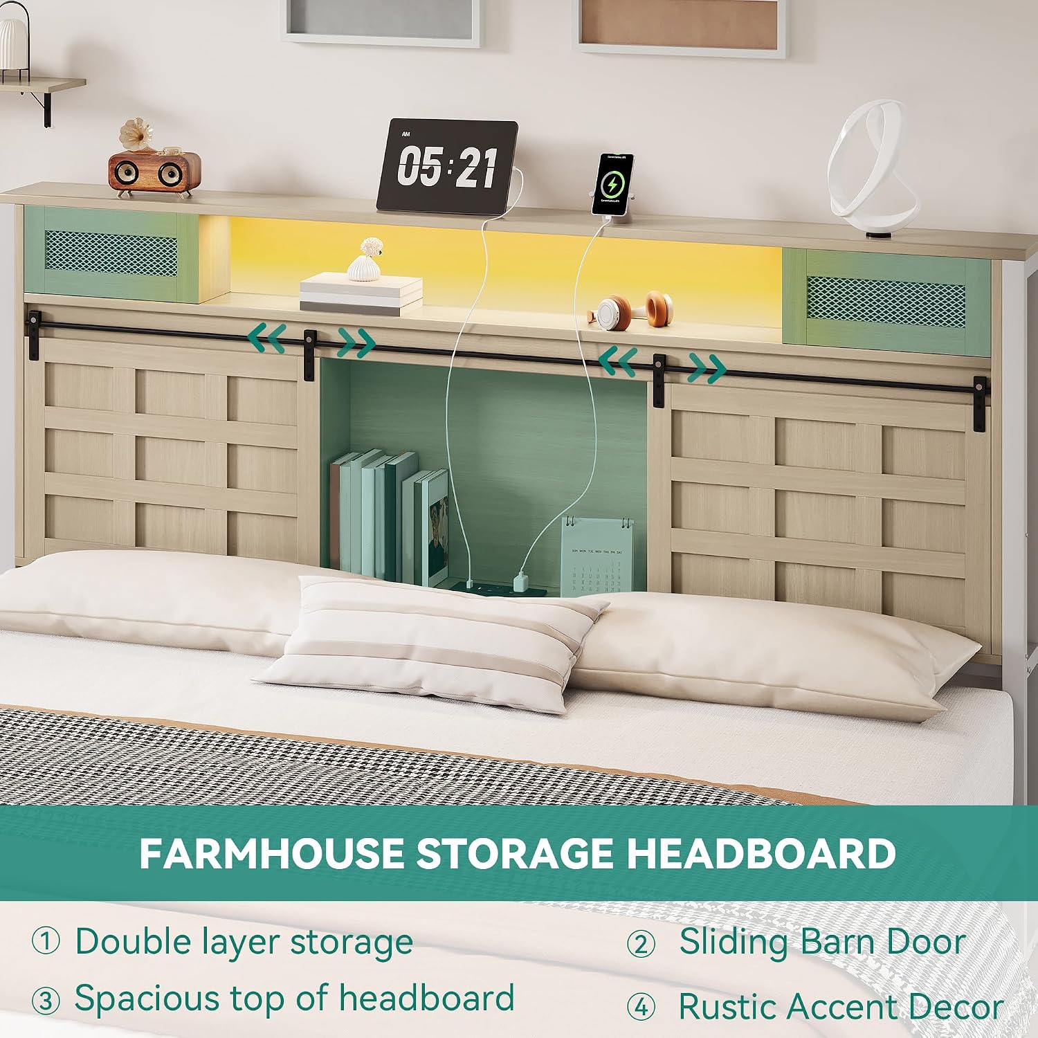 YITAHOME Farmhouse Bed Frame King Size with Storage Bookcase Headboard, Wooden Bed Frame with Charging Station & Led Light, Platform Bed with Sliding Barn Door, No Box Spring Needed,Oak w/Light