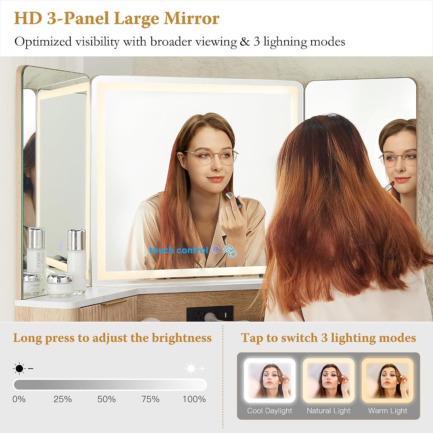 T4TREAM 48' Fluted Makeup Vanity Desk with HD Triple Mirror and Lights, Large Lighted Corner Vanity with Glass Top, Modern Dressing Table with 3 Drawers & 2 Cabinets for Bedroom, Natural Oak