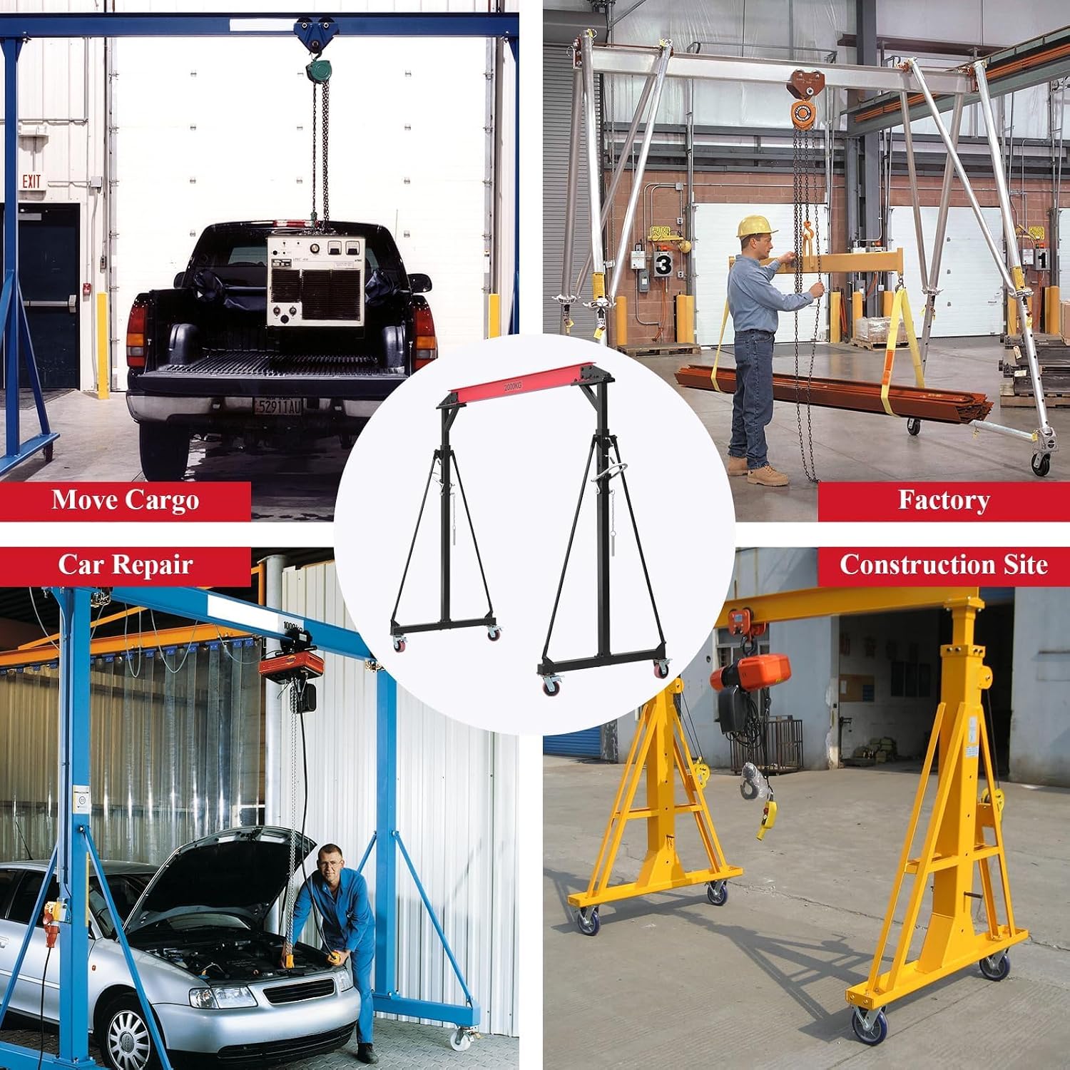 4400LBS Adjustable Gantry Crane Portable Shop Hoist with 360° Locking Wheels Height Adjustable from 96.5 to 143.7 Inches for Workshop Garage Factory Heavy Duty Lifting Equipment