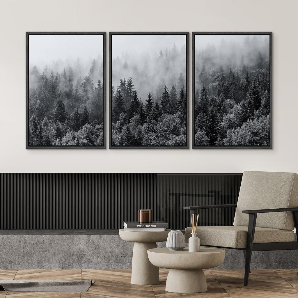SIGNWIN Framed Canvas Print Wall Art Set Black & White Misty Mountain Forest Nature Wilderness Photography Modern Art Chic Landscape Relax/Calm for Living Room, Bedroom, Office - 24'x36'x3 Black