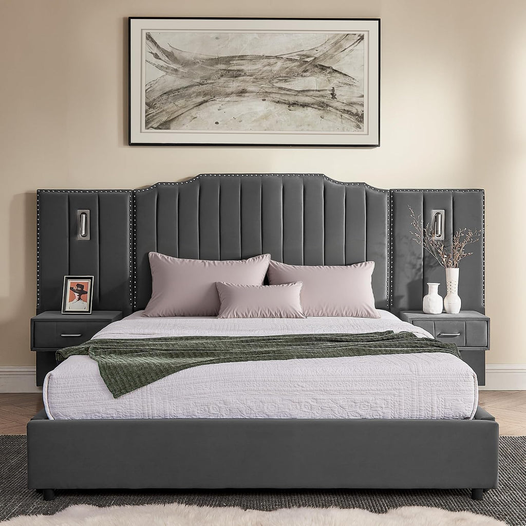 Velvet Upholstered Queen Size Platform Bed Frame with 48' Tall Headboard, Built-in Nightstands & Storage Drawers, No Box Spring Needed, Modern Gray Bedroom Furniture Set (Gray, Queen)