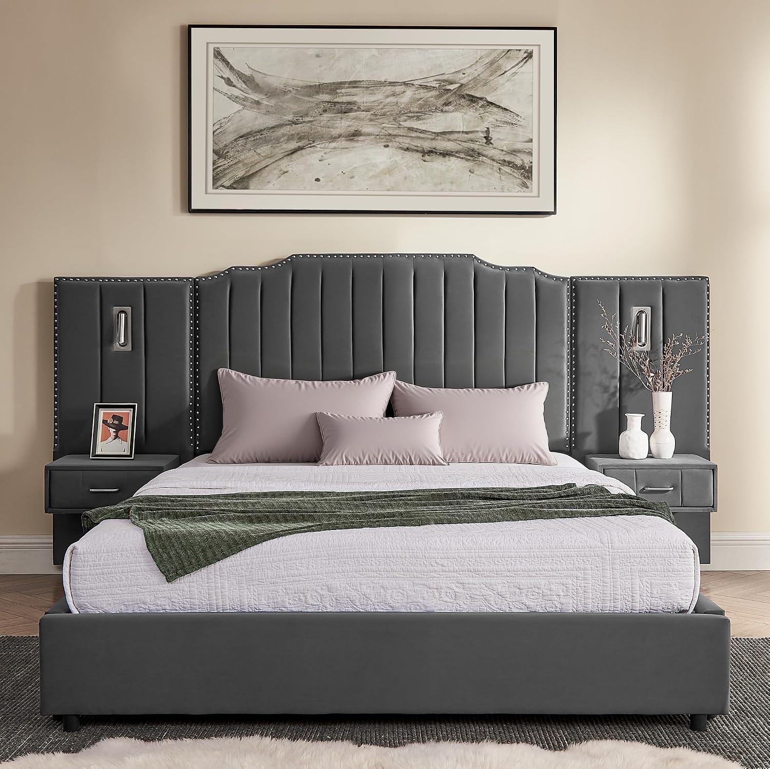 Velvet Upholstered Queen Size Platform Bed Frame with 48' Tall Headboard, Built-in Nightstands & Storage Drawers, No Box Spring Needed, Modern Gray Bedroom Furniture Set (Gray, Queen)
