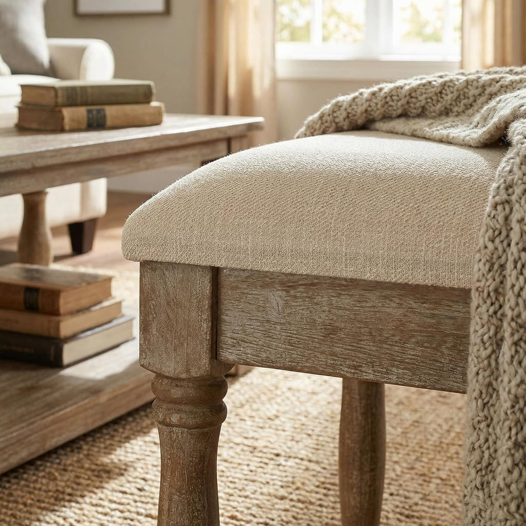 Cortesi Home Dahlia Wooden Bench Ottoman, Distressed Wood and Beige Fabric