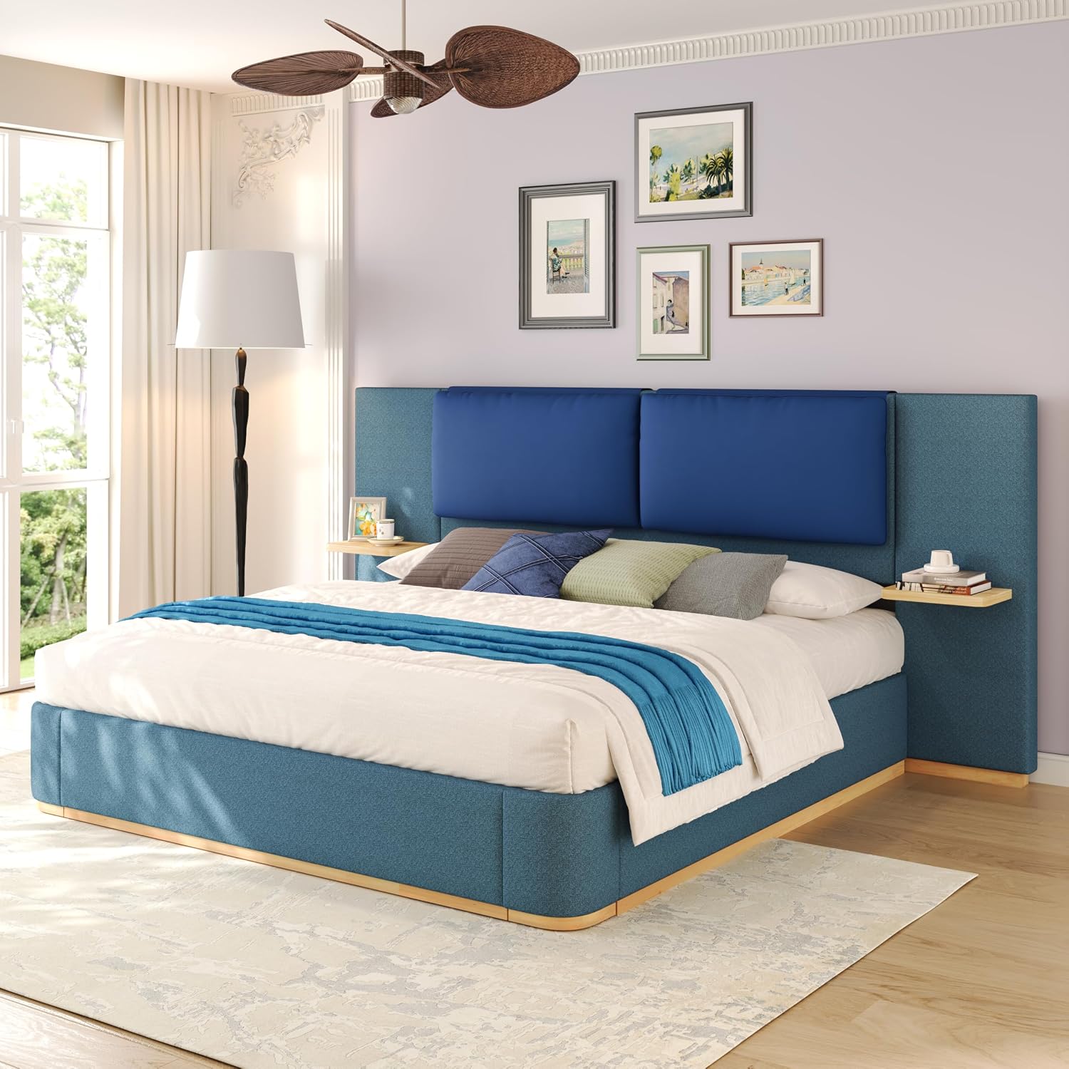 King Bed Frame with Soft Upholstered Storage Tall Headboard, King Size Floor Platform Bed Frames, Anti-Collision Curved Footboard Bedroom Sets,No Box Spring Needed (Blue, King)