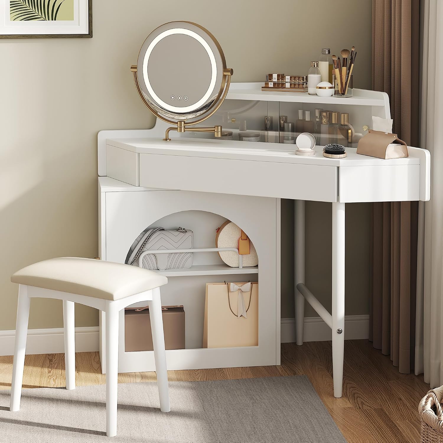Corner Makeup Vanity Desk with Mirror LED Lights, Vanity Set with Mirror and Stool, Dressing Table with Large Storage for Small Place, Brightness Adjustable Folding Mirror, White
