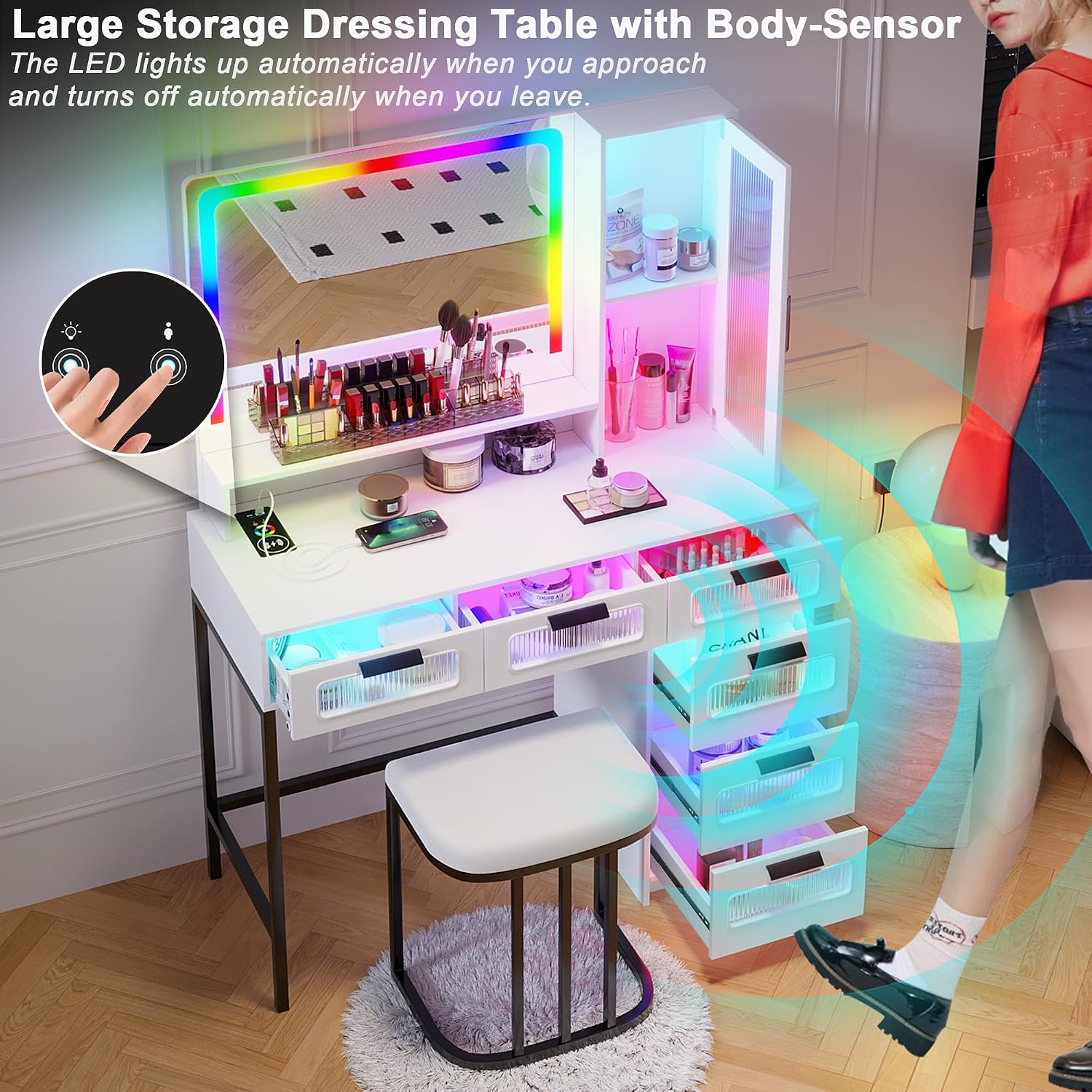 HNEBC RGB Vanity Desk with Mirror and Lights, LED Vanity Makeup Desk with USB/Wireless Charger Station, Vanities Dressing Table Sets with 6 Drawers/Cabins/Stool/Shelves for Bedroom&Cloakroom,White