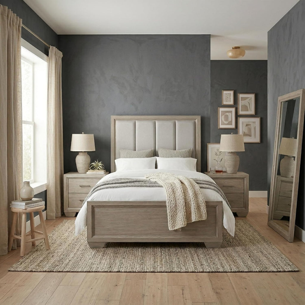 Roundhill Furniture Ennesley Gray Wood Upholstered Panel Bed, Full Size