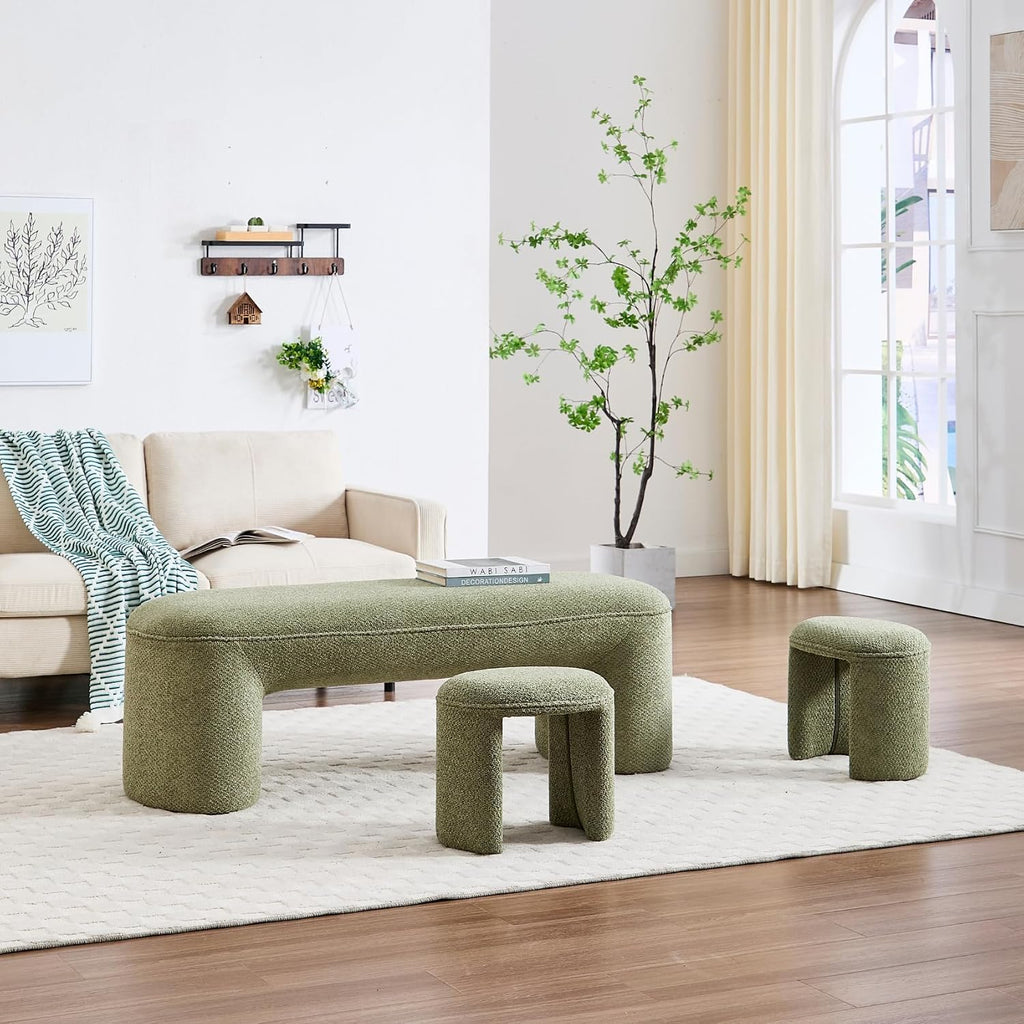 Hyfirm 3-Piece Nesting Upholstered Bench with 2 Stools, 53' Chenille Accent Waterfall Bench Modern End of Bed Entryway Bench Bedroom Bench for Living Room Vanity, Green, No Need to Install