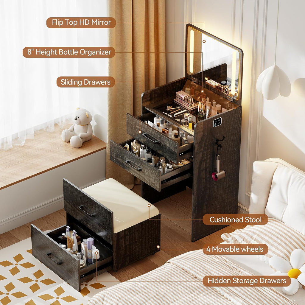 3 in 1 Vanity Desk with Flip up Mirror and Lights, Glass Top Makeup Vanity Table with Charging Station,LED Compact Dressing Table with 3 Drawer and Wheel Storage Stool for Bedroom(Brown)