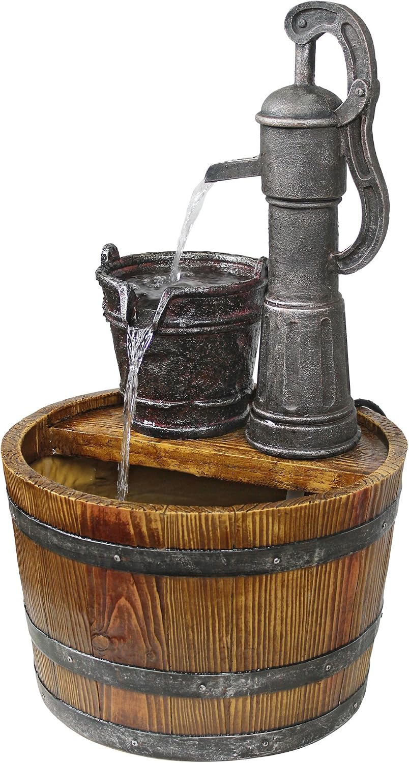 Design Toscano SS11155 Water Fountain - Cistern Well Pump Wood Barrel Garden Decor Fountain - Outdoor Water Feature,full color