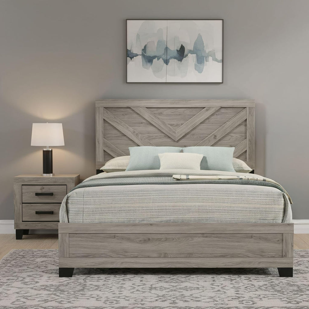 Kings Brand Furniture Napa Farmhouse 2-Piece Bedroom Set - Light Grey and Slim-Profile Design Wood Bed Frame with 1 Nightstand (King)
