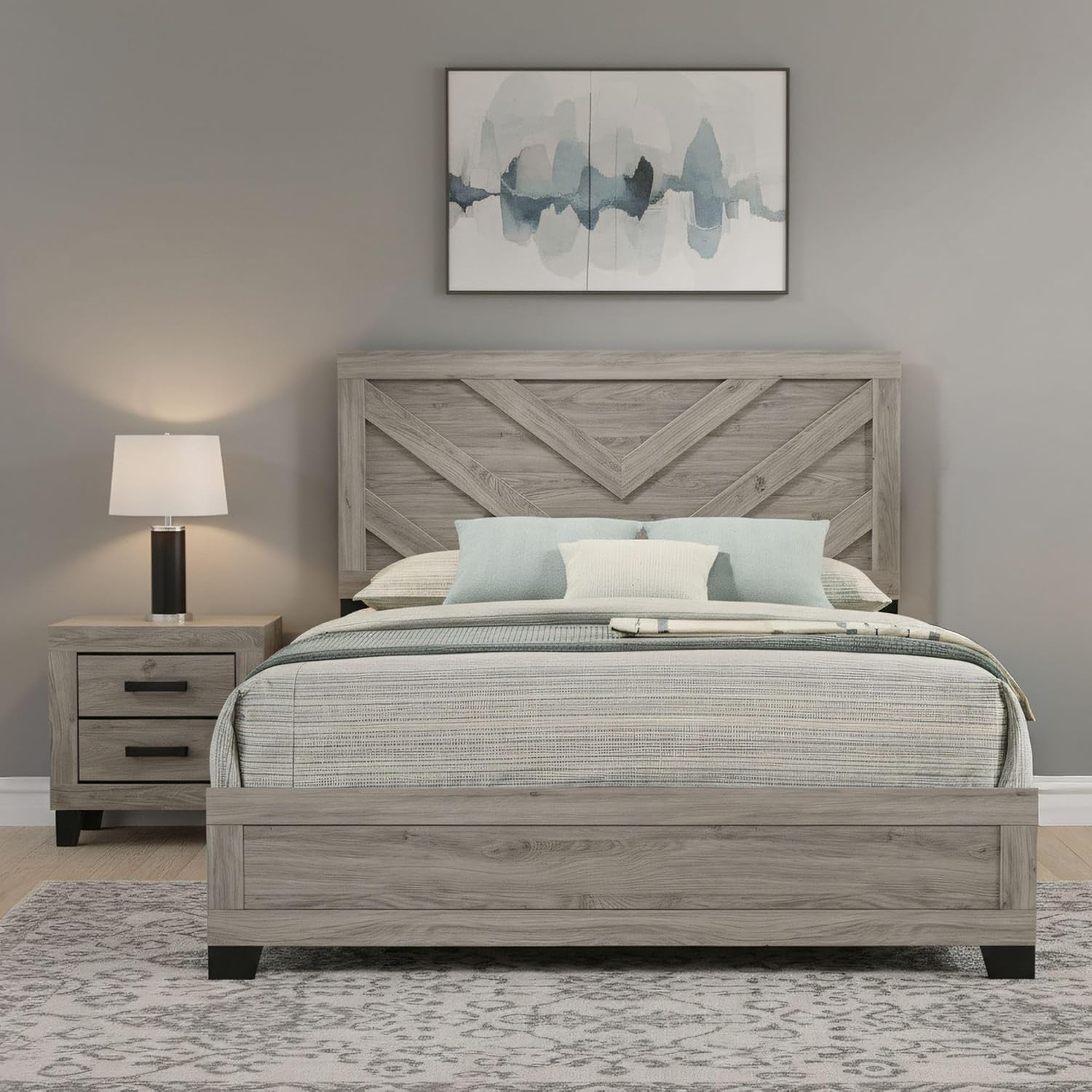 Kings Brand Furniture Napa Farmhouse 2-Piece Bedroom Set - Light Grey and Slim-Profile Design Wood Bed Frame with 1 Nightstand (King)