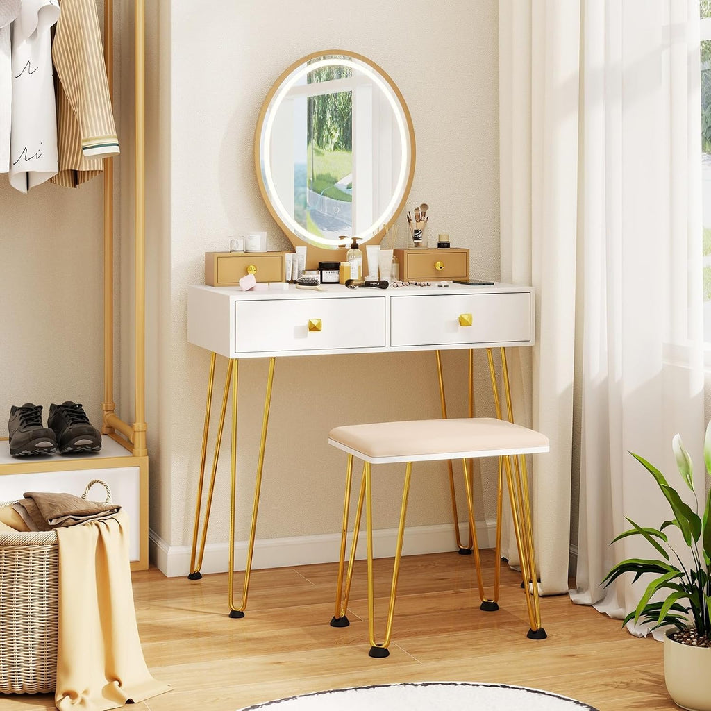 CHARMAID Vanity Desk with Mirror and Lights, White Makeup Vanity Table with 4 Drawers, Charging Station, 3-Color Lighted Mirror, Modern Girls Dressing Table with Stool for Small Bedroom