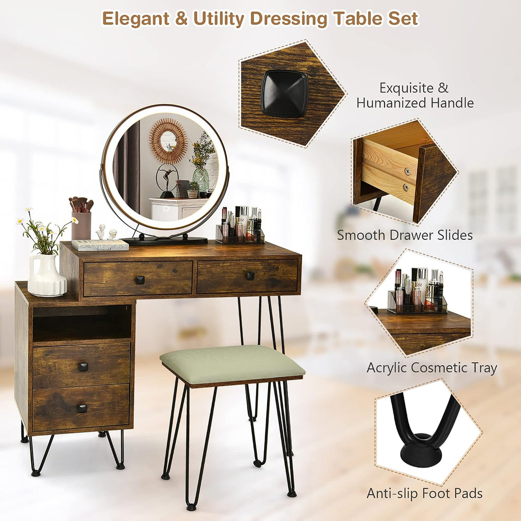 DORTALA Vanity Set, Wooden Makeup Dressing Table with 3 Colors Lighted Mirror & Stool, Left or Right Side Cabinet, Lipstick Storage Box, Large Storage Drawers, Bedroom Vanity Desk Set, Rustic Brown