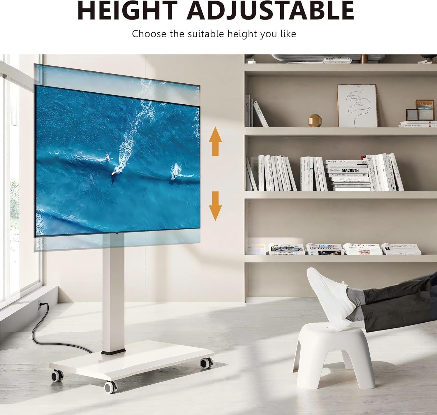 FITUEYES Rolling TV Stand with Power Strip - Mobile TV Stand for 32-75 Inch TVs, Landscape to Portrait Rotating, ±20° Swiveling, Height Adjustable TV Cart Hold Up to 88 Lbs Max VESA 400x600mm