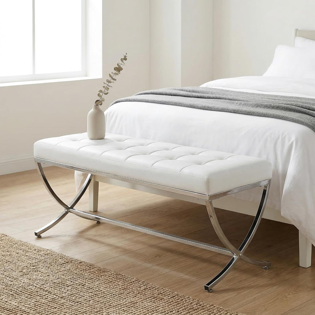 LukeAlon Modern PU Leather Dining Bench, Button Tufted Ottoman Bench with X-Shape Chrome Finish Upholstered End of Bed Bench Comfy Entryway Bench for Bedroom Kitchen, White