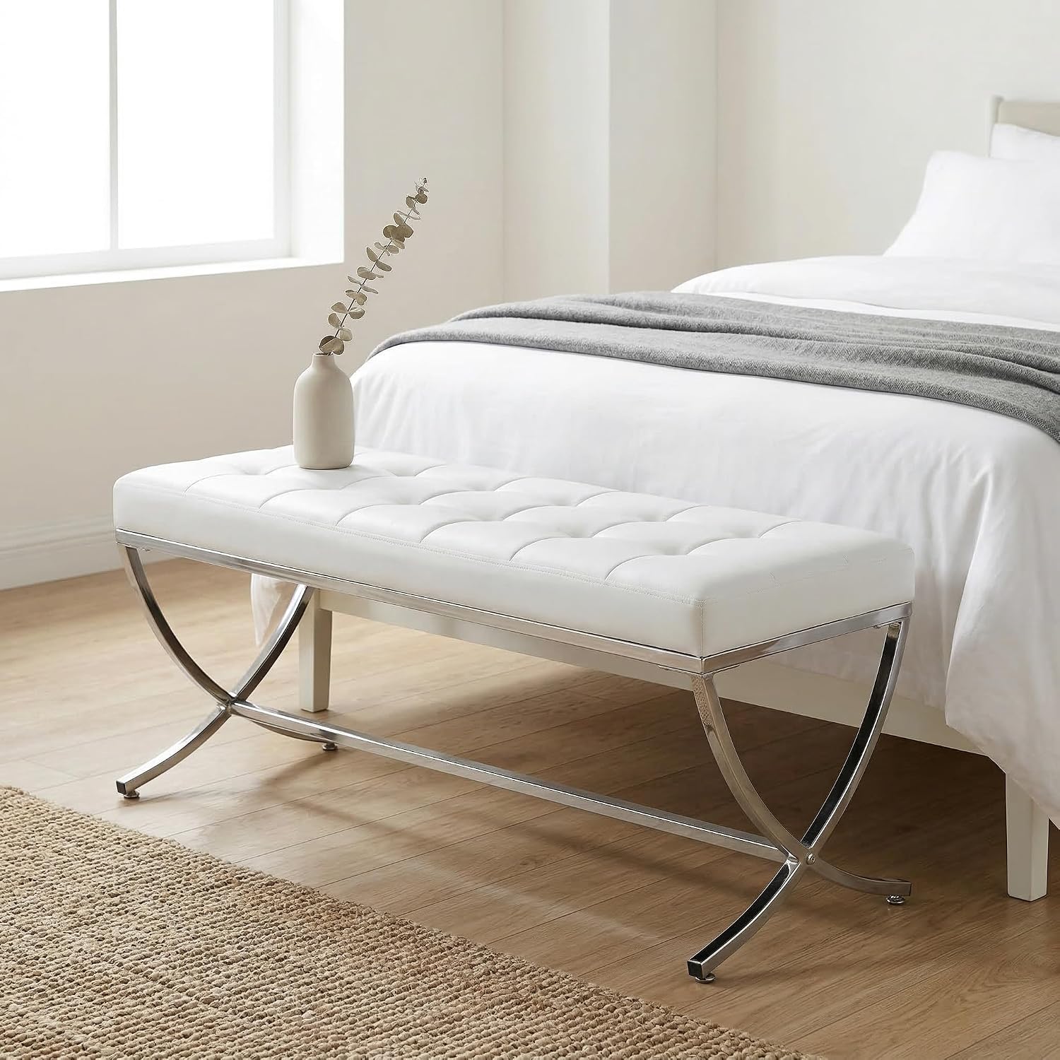 LukeAlon Modern PU Leather Dining Bench, Button Tufted Ottoman Bench with X-Shape Chrome Finish Upholstered End of Bed Bench Comfy Entryway Bench for Bedroom Kitchen, White