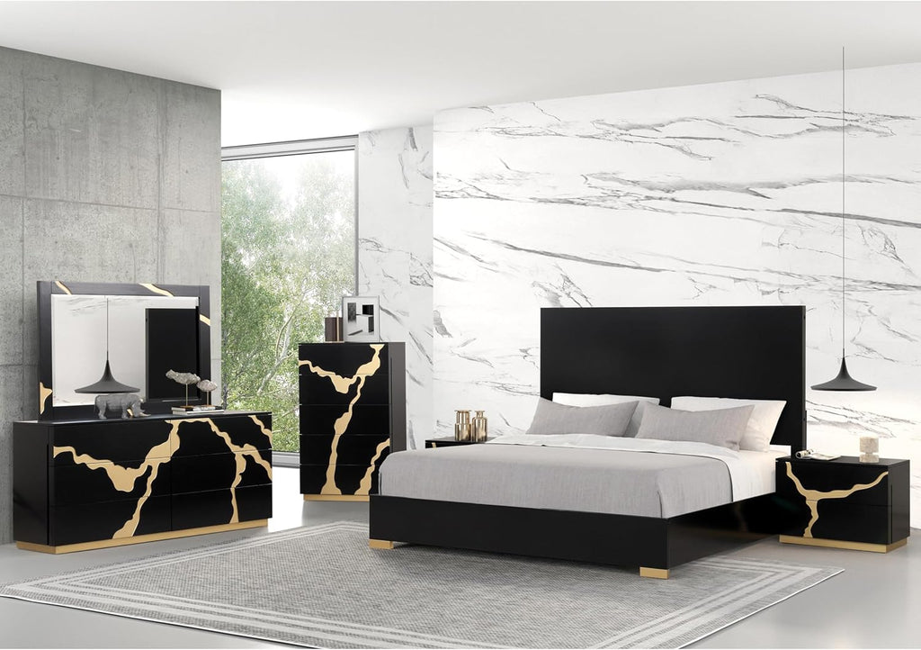 Furniture of America Quanta Modern Wood 6-Piece Bedroom Set with Panel Headboard, Felt-Lined Top Drawer, Ball-Bearing Glides, Dovetails Joint, No Box Spring Needed, King, Black