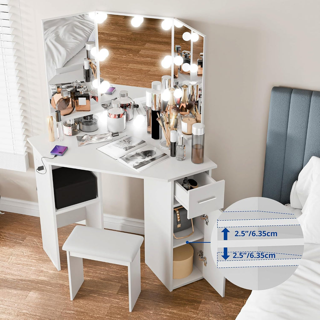 Small Corner Vanity Desk with Mirror and Lights, Bedroom Makeup Vanity Table with Lighted Mirror Sliding Drawers & Storage Cabinet, Charging Station 3 Color Adjustable Vanitys for Girls Women - White