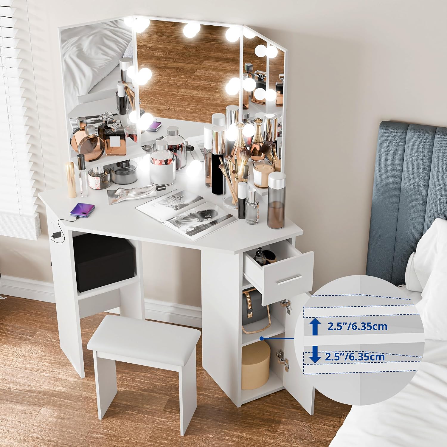 Small Corner Vanity Desk with Mirror and Lights, Bedroom Makeup Vanity Table with Lighted Mirror Sliding Drawers & Storage Cabinet, Charging Station 3 Color Adjustable Vanitys for Girls Women - White