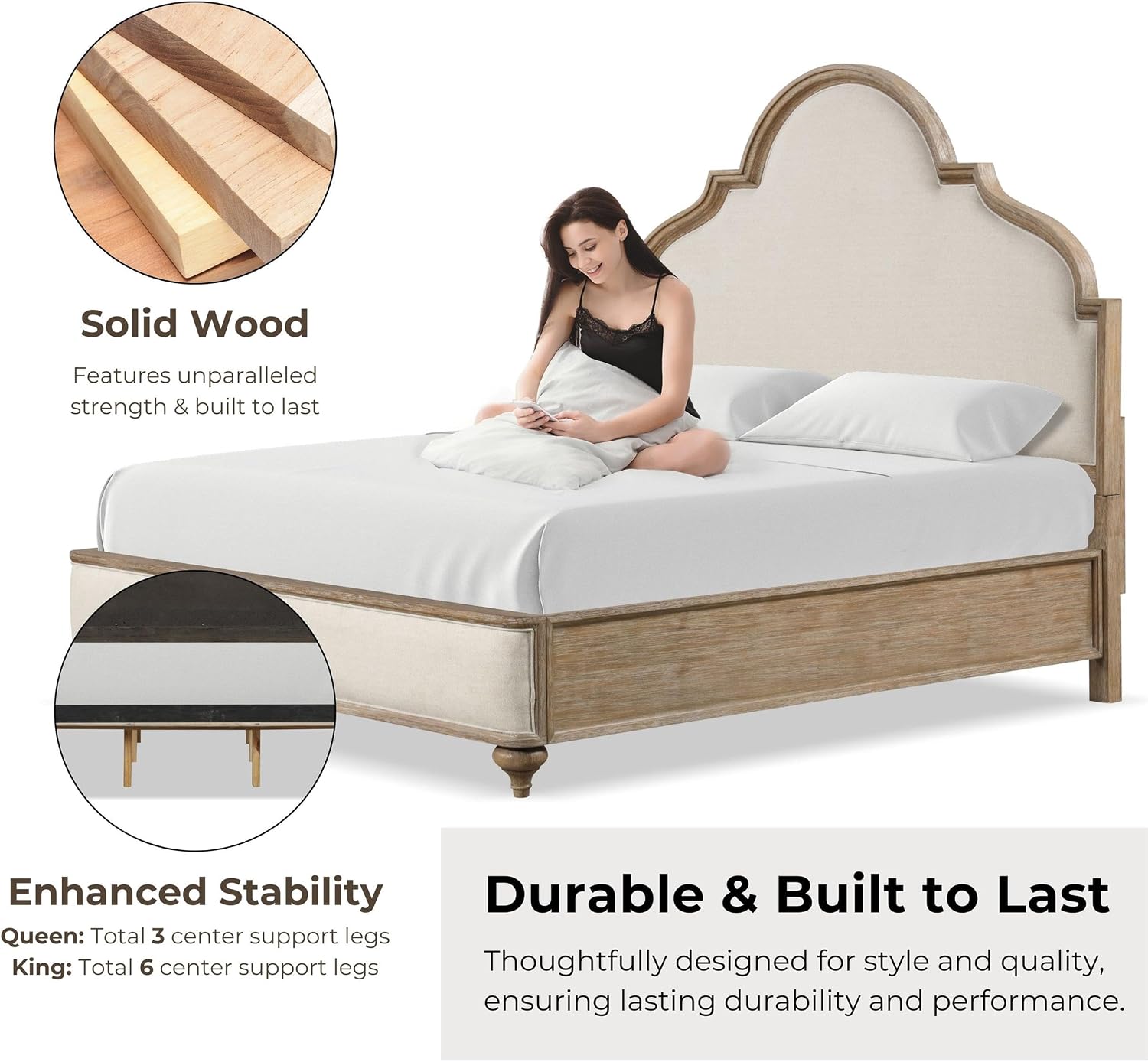 Furniture of America Weile Art Deco Solid Wood 3-Piece Bedroom Collection with Bed Frame and 2-Drawer Nightstands Set of 2, Box Spring Required, Rustic Oak, King