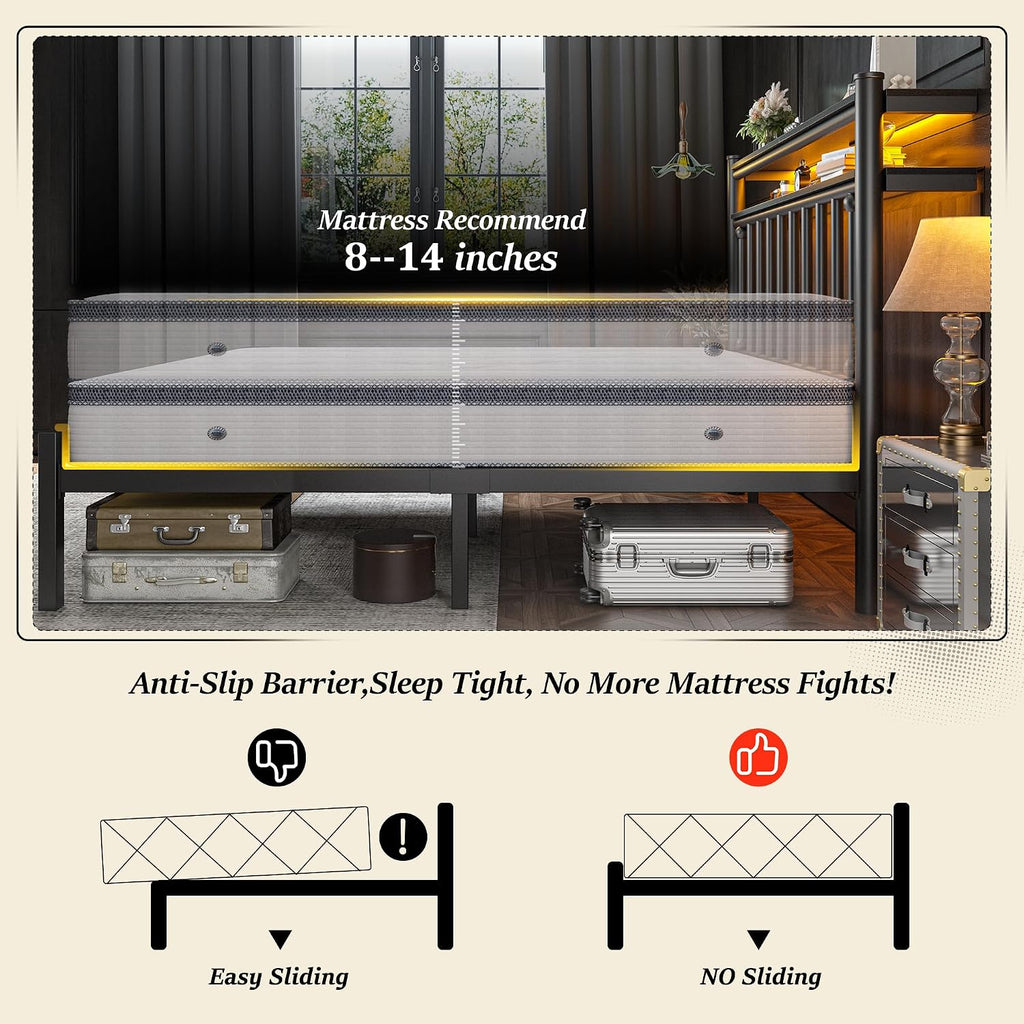 Homkdom 14 Inch Twin Metal Platform Bed Frames with 2-Tier Storage Headboard, Victorian Twin Bed Frame with Under Bed Storage/No Box Spring Needed/Easy Assembly, Black