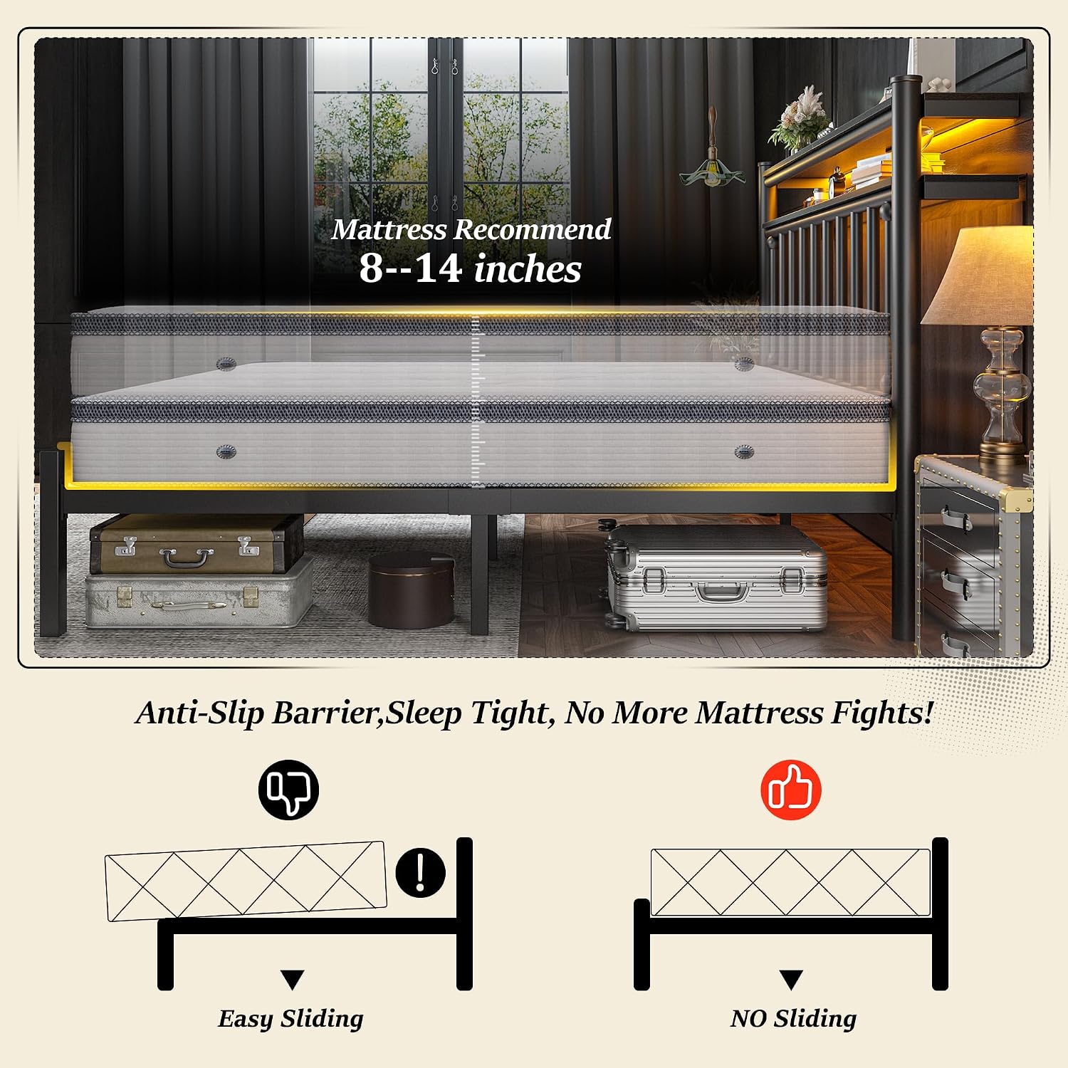 Homkdom 14 Inch Twin Metal Platform Bed Frames with 2-Tier Storage Headboard, Victorian Twin Bed Frame with Under Bed Storage/No Box Spring Needed/Easy Assembly, Black