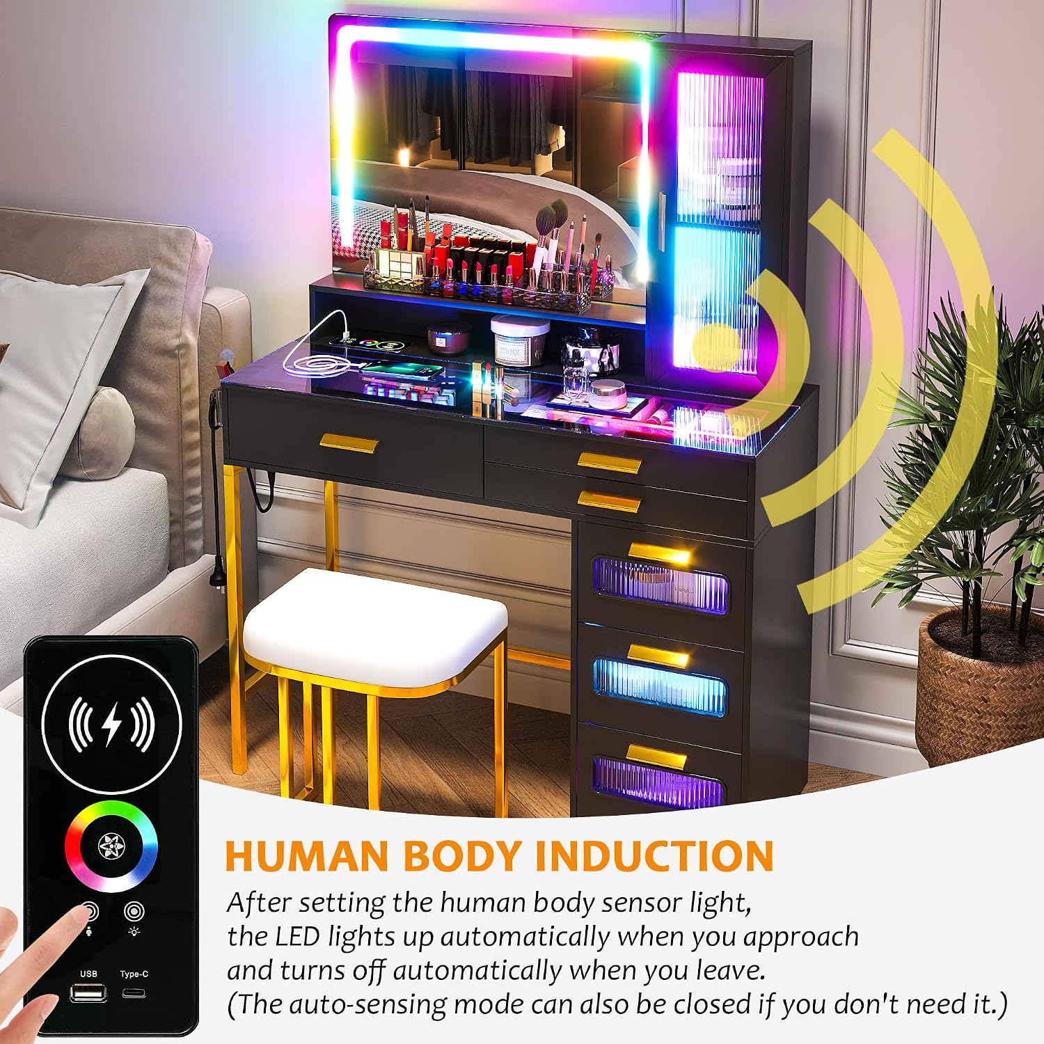 WOOVIVS Vanity with LED Mirror, Makeup Desk with 24 RGB Atuo Lighted Drawers for Bedroom, Glass Top Vanities Table Set with Wireless Charging Station, Chair,Jewelry Organizer for Girls/Women (Black)