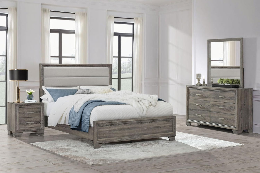 Coaster Home Furnishings Wright Transitional 4-Piece Bedroom Set Fabric Upholstered Eastern King Size Panel Bed Frame 52-inch Headboard Brown Oak 223341KE-S4