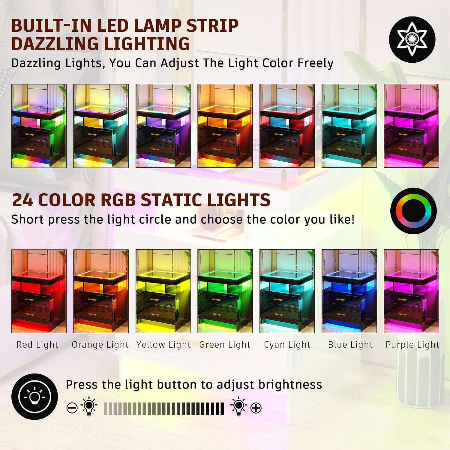 WOOVIVS Nightstand Set of 2 with RGB Lighst, LED Night Stand Set 2 with Wireless+USB+Type-C Charging Station, Smart Bedside Table with 2 Drawer,Remote,High Gloss Side Table for Bedroom -Black
