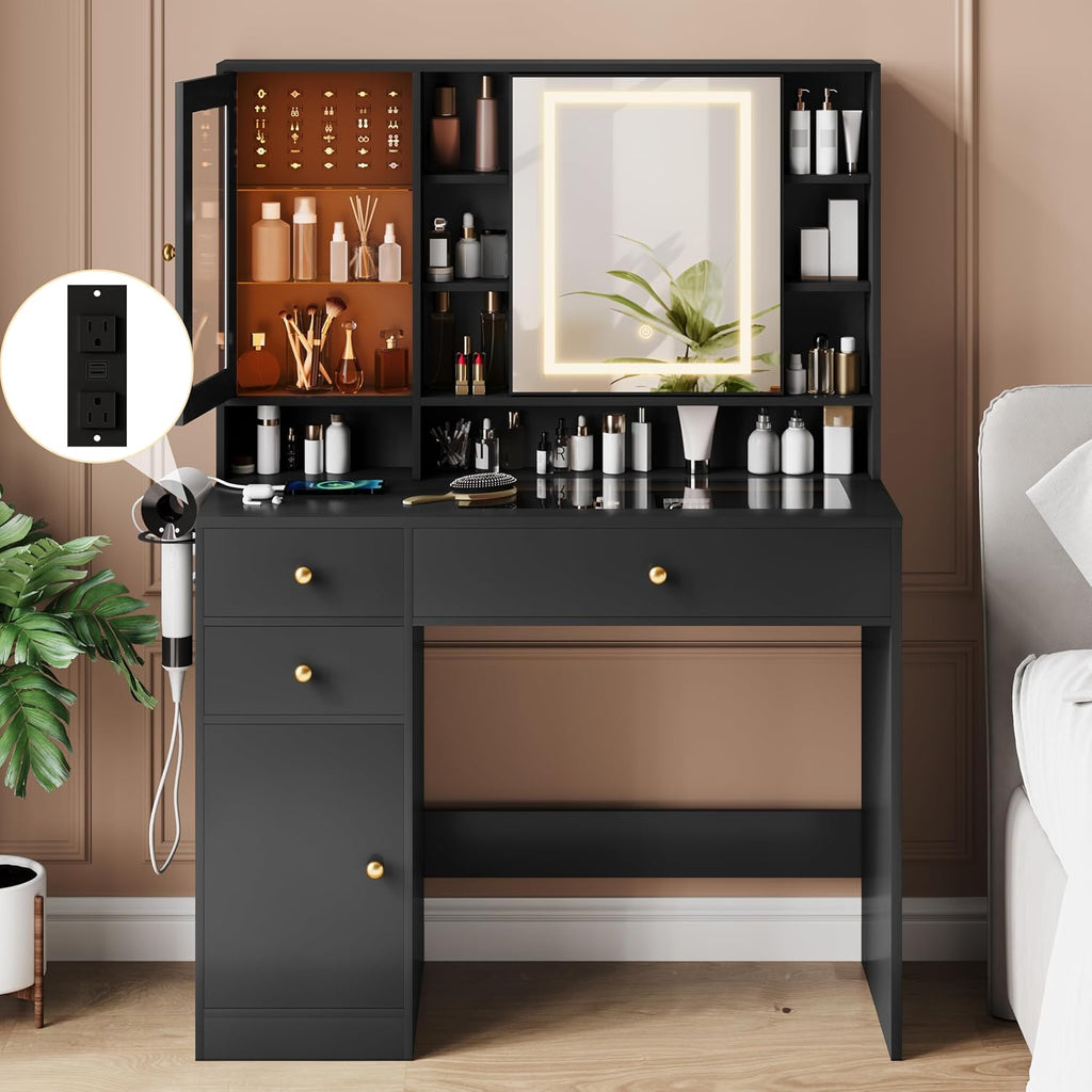 Wodeer Makeup Vanity Desk with Mirror and Lights, Black Vanity with Glass Top, Jewelry Storage, Power Outlets, 3 Drawers & 2 Cabinets, Adjustable LED Lighting, Dressing Table for Women & Girls Bedroom