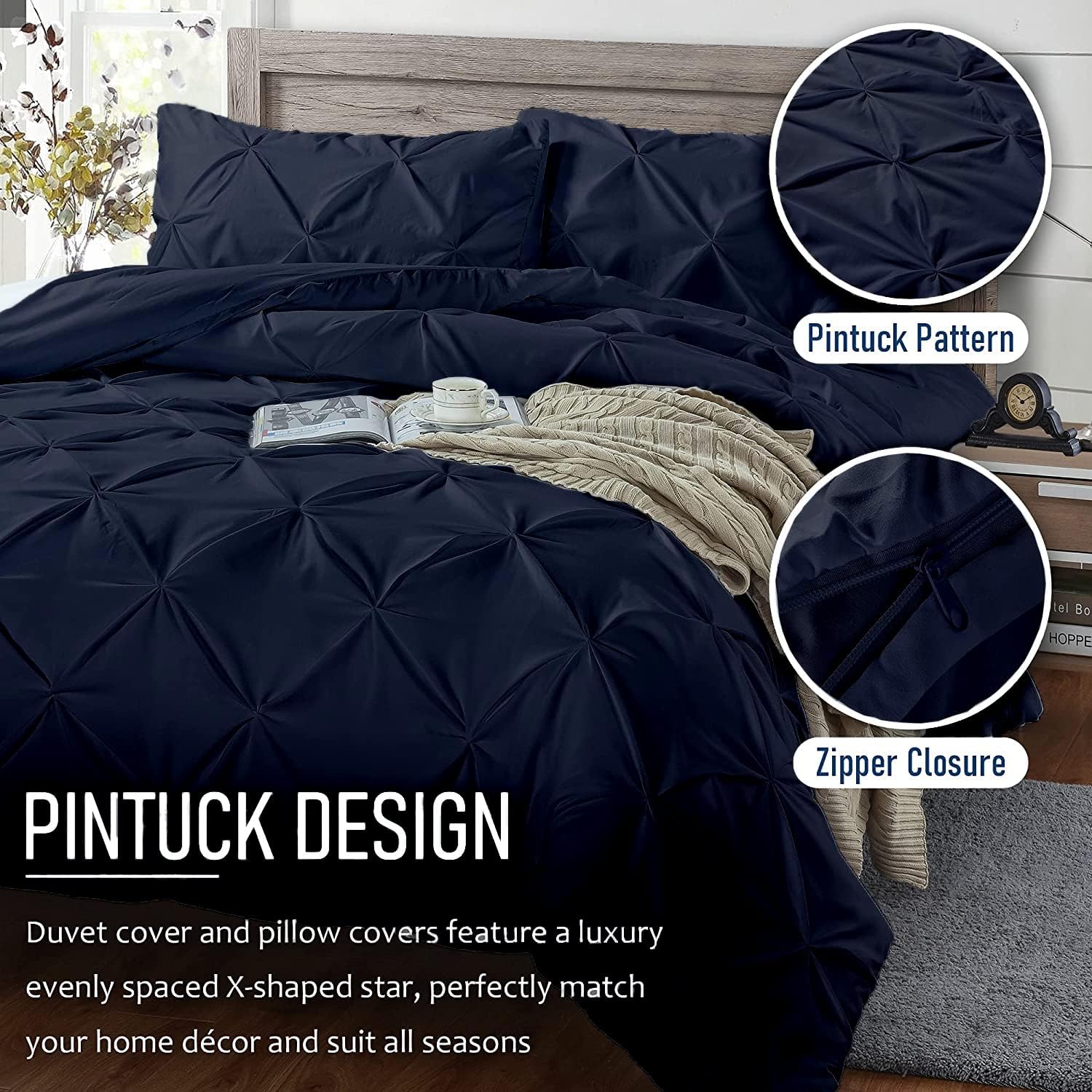 Crown Collection Luxuriate Hotel 1000-TC Hypoallergenic Ultra Soft Design 100% Egyptian Cotton Pinch Plated Duvet Cover with Zipper Colser & 2pcs Pillow Case Set (Super King Plus 120X120) Navy Blue
