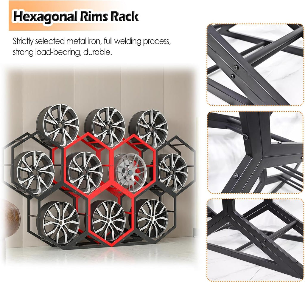 Hexagon Rim Tire Storage Tire Rack, Wall Tyre Display Holder for Garage Storeroom Car Dealerships, Triangle Iron Base Spare Tire Equipment Shelf -2+1