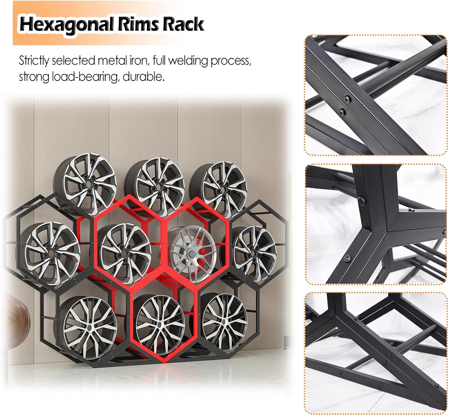 Hexagon Rim Tire Storage Tire Rack, Wall Tyre Display Holder for Garage Storeroom Car Dealerships, Triangle Iron Base Spare Tire Equipment Shelf -2+1