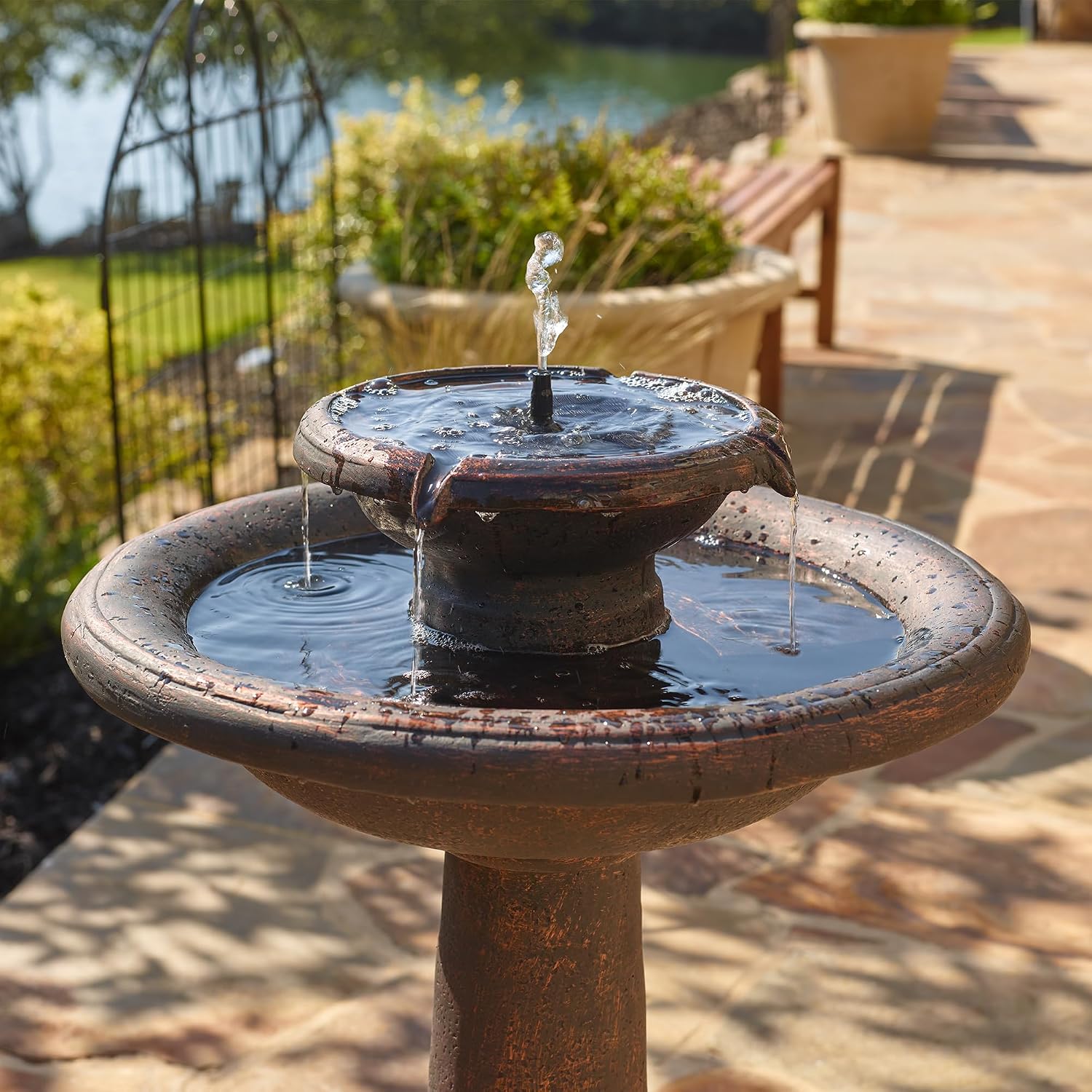 Smart Solar Chatsworth IntelliSolar® 2-Tiered Outdoor Solar-Powered Fountain with Remote, Bubbler, and Spray, Classic Pedestal Solar Garden Fountain, Bronze