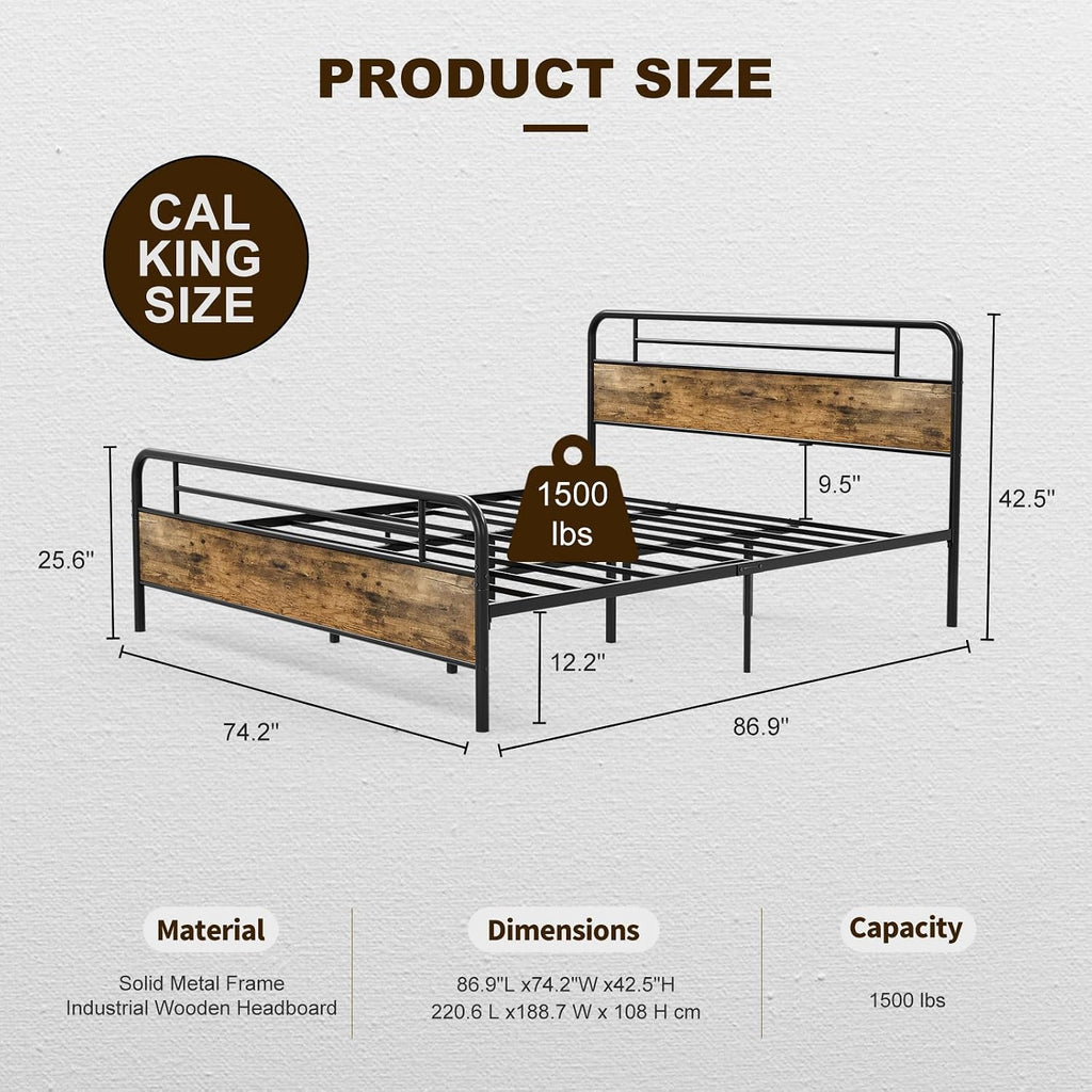 IKIFLY California King Bed Frames with Wood Headboard Footboard, Farmhouse Metal Cal King Platform Bed, Heavy Duty Steel Slats, 12' Under Bed Storage, Noise Free, No Box Spring Needed - Rustic Brown