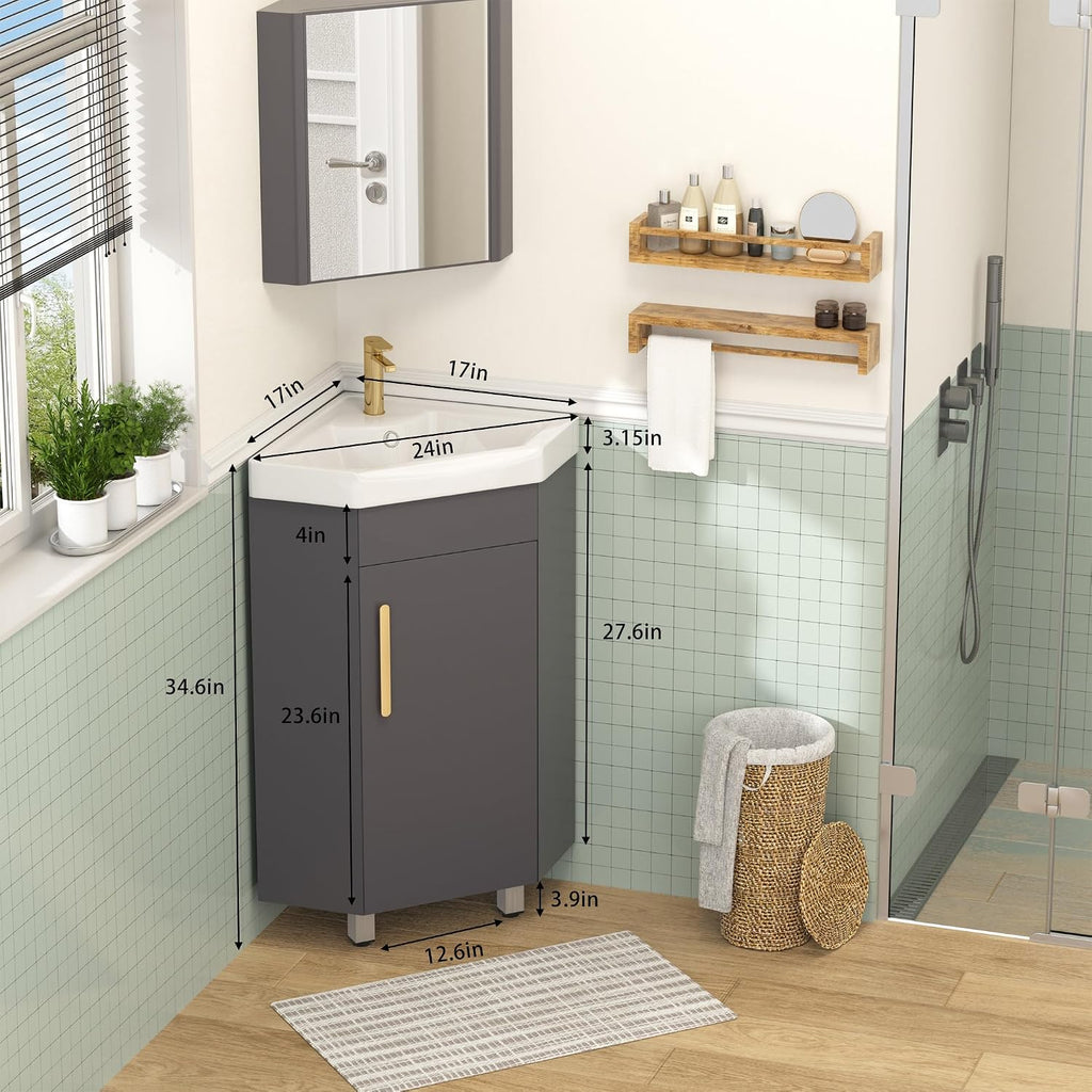 Findepot 24' Corner Bathroom Vanity Sink Combo for Small Space Freestanding Compact Space Bathroom Storage Cabinet with White Ceramic Sink, Adjustable Shelf and Gold Handle, Grey