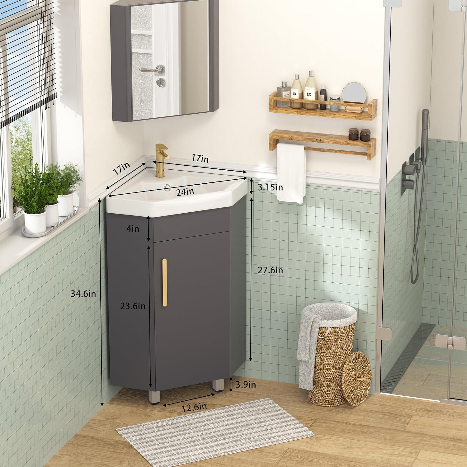 Findepot 24' Corner Bathroom Vanity Sink Combo for Small Space Freestanding Compact Space Bathroom Storage Cabinet with White Ceramic Sink, Adjustable Shelf and Gold Handle, Grey