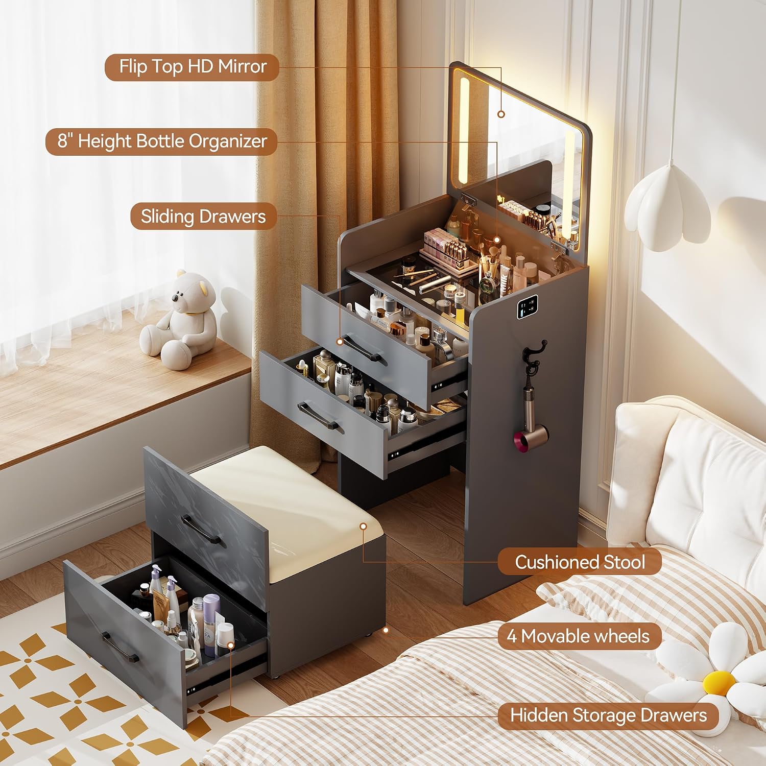 3 in 1 Vanity Desk with Flip up Mirror and Lights, Glass Top Makeup Vanity Table with Charging Station,LED Compact Dressing Table with 3 Drawer and Wheel Storage Stool for Bedroom(Grey)