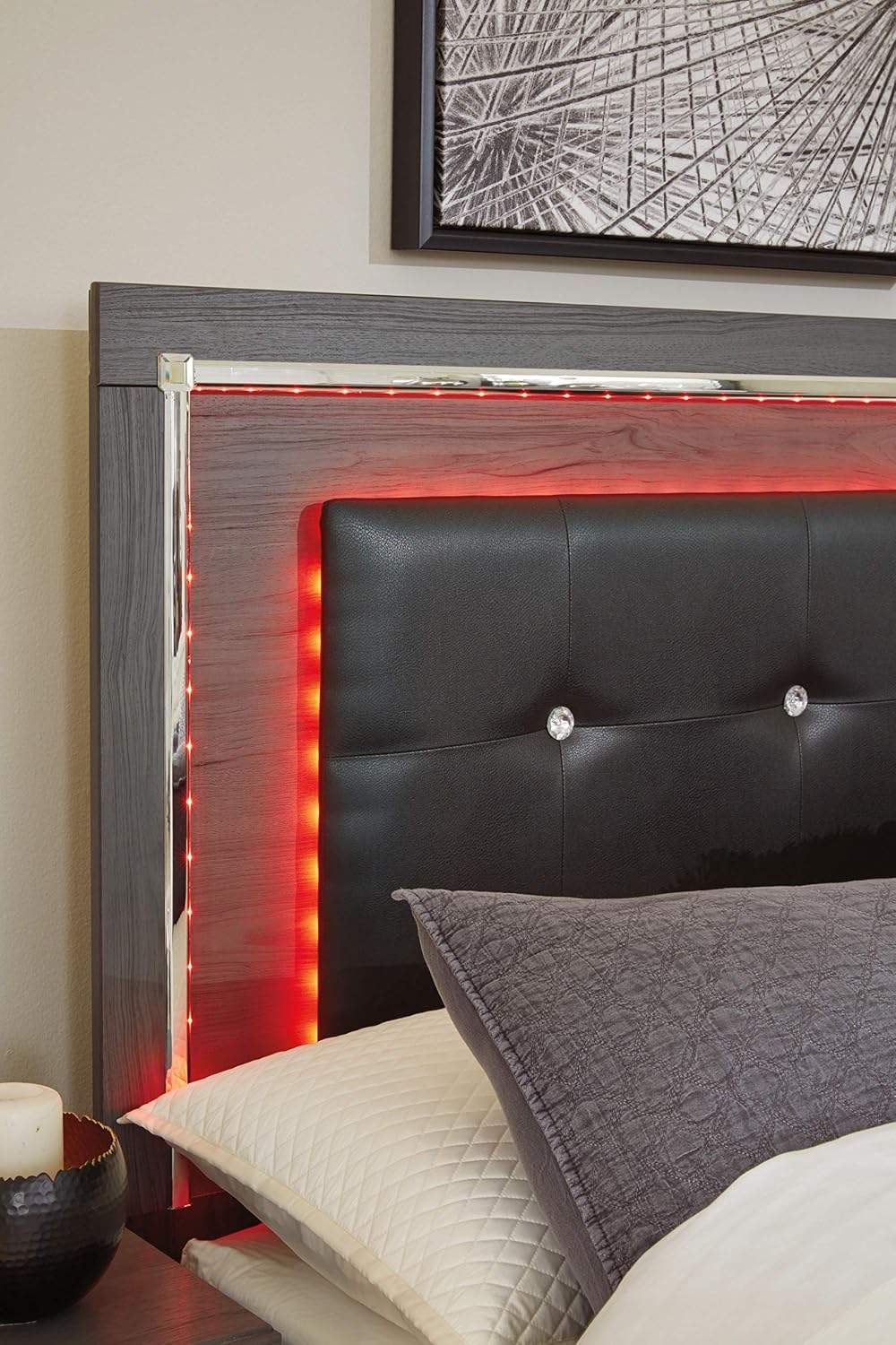 Signature Design by Ashley Lodanna Glam Faux Leather Panel Headboard with LED Lights ONLY, King & California King, Gray