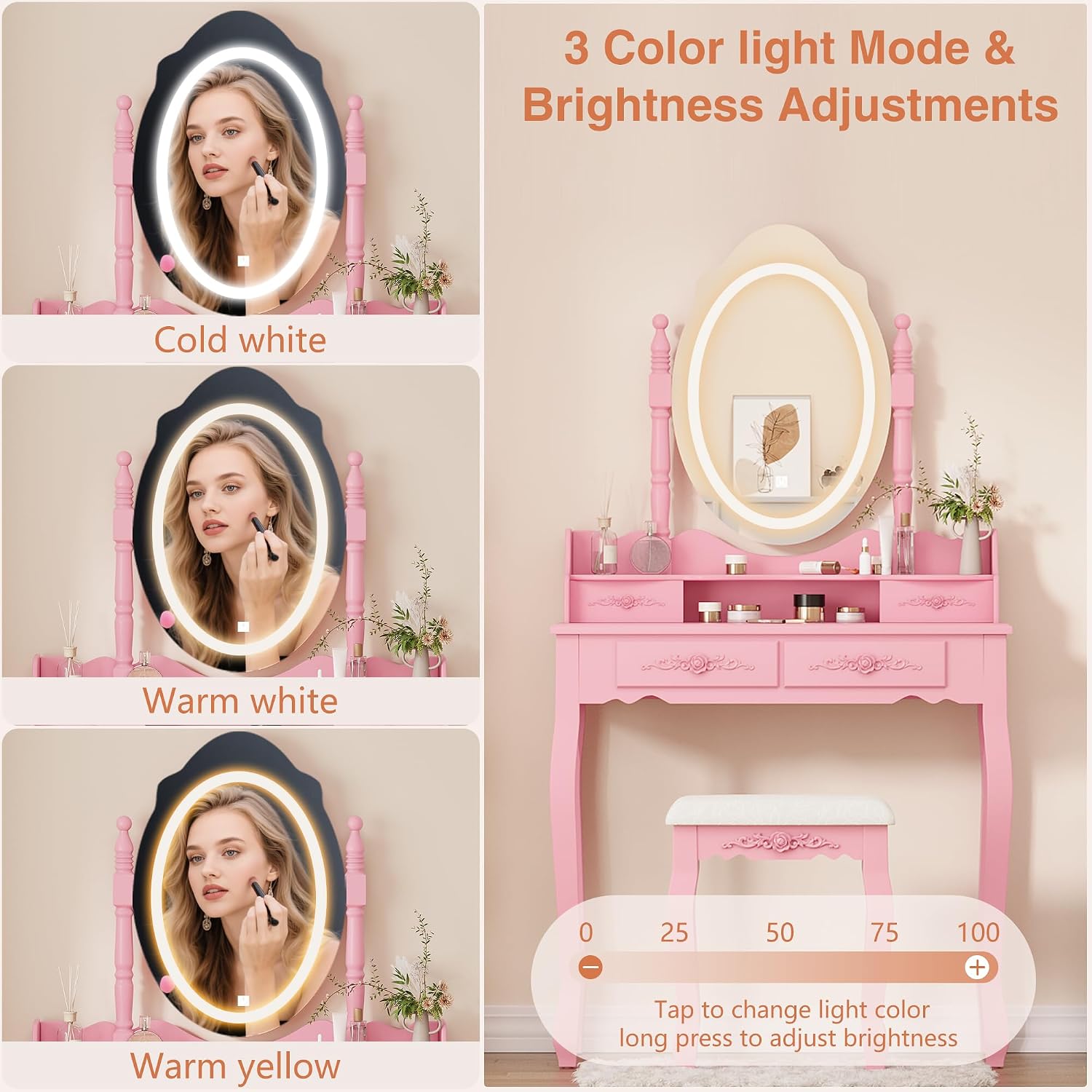 Whalefall Vanity Desk with Mirror and 3 Lights Modes, Makeup Vanity with Cushioned Stool, 4 Storage Drawers Makeup Table for Women and Girls, Bedroom or Dorm Guest Room