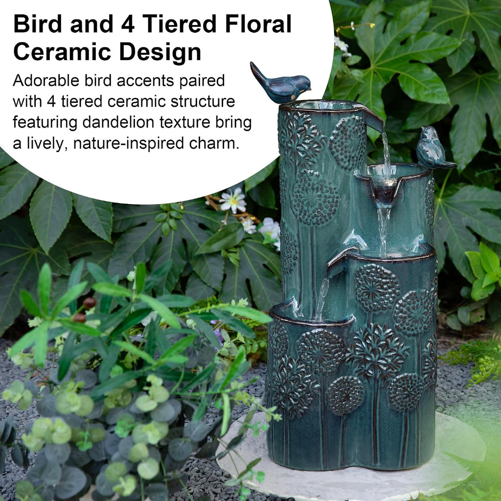 Glitzhome 27' H Outdoor Water Fountain with LED Light, Pump & Adapter, 4-Tier Turquoise Dandelion Vase Ceramic Cascading Garden Fountains Waterfalls with Birds, for Porch Deck Patio Backyard