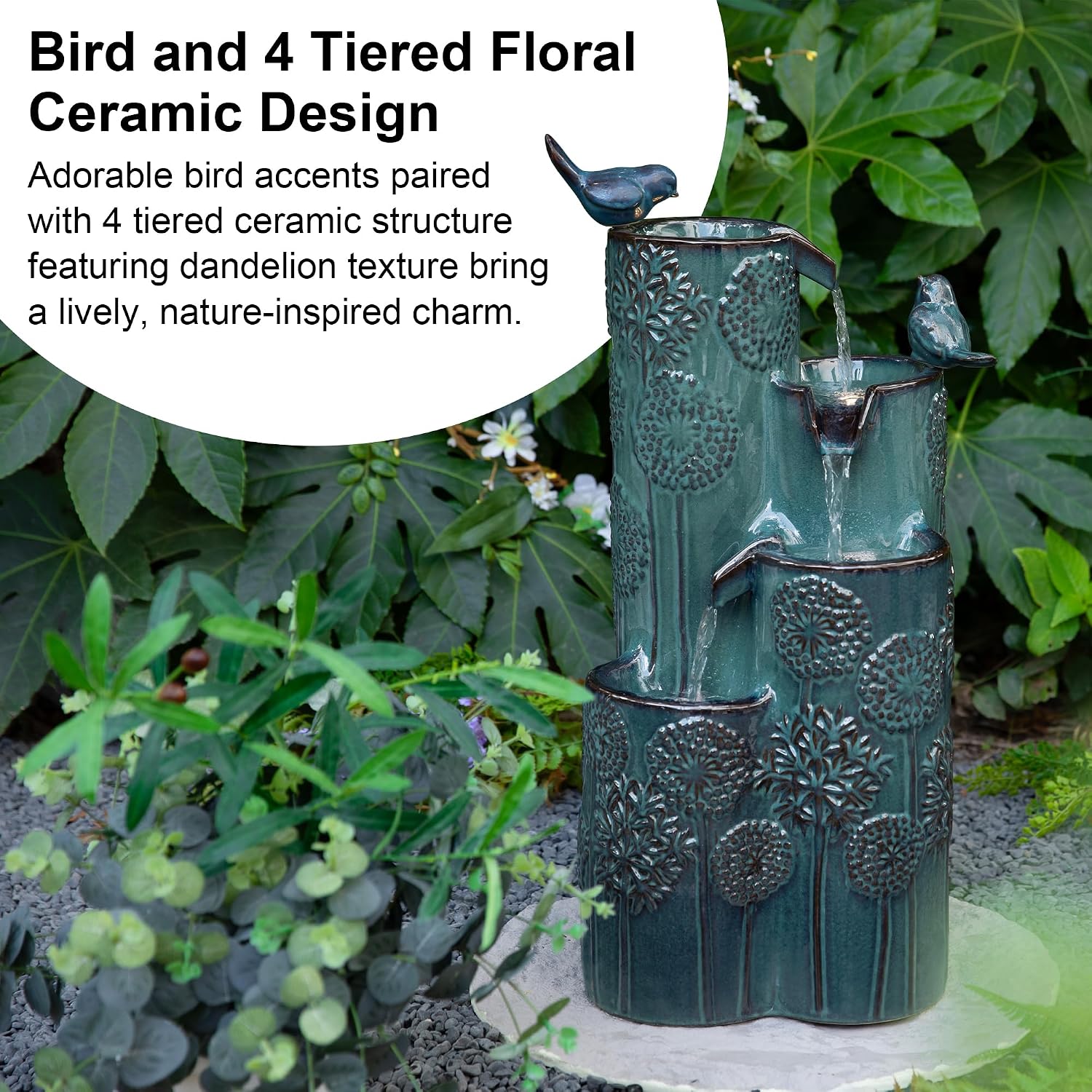 Glitzhome 27' H Outdoor Water Fountain with LED Light, Pump & Adapter, 4-Tier Turquoise Dandelion Vase Ceramic Cascading Garden Fountains Waterfalls with Birds, for Porch Deck Patio Backyard