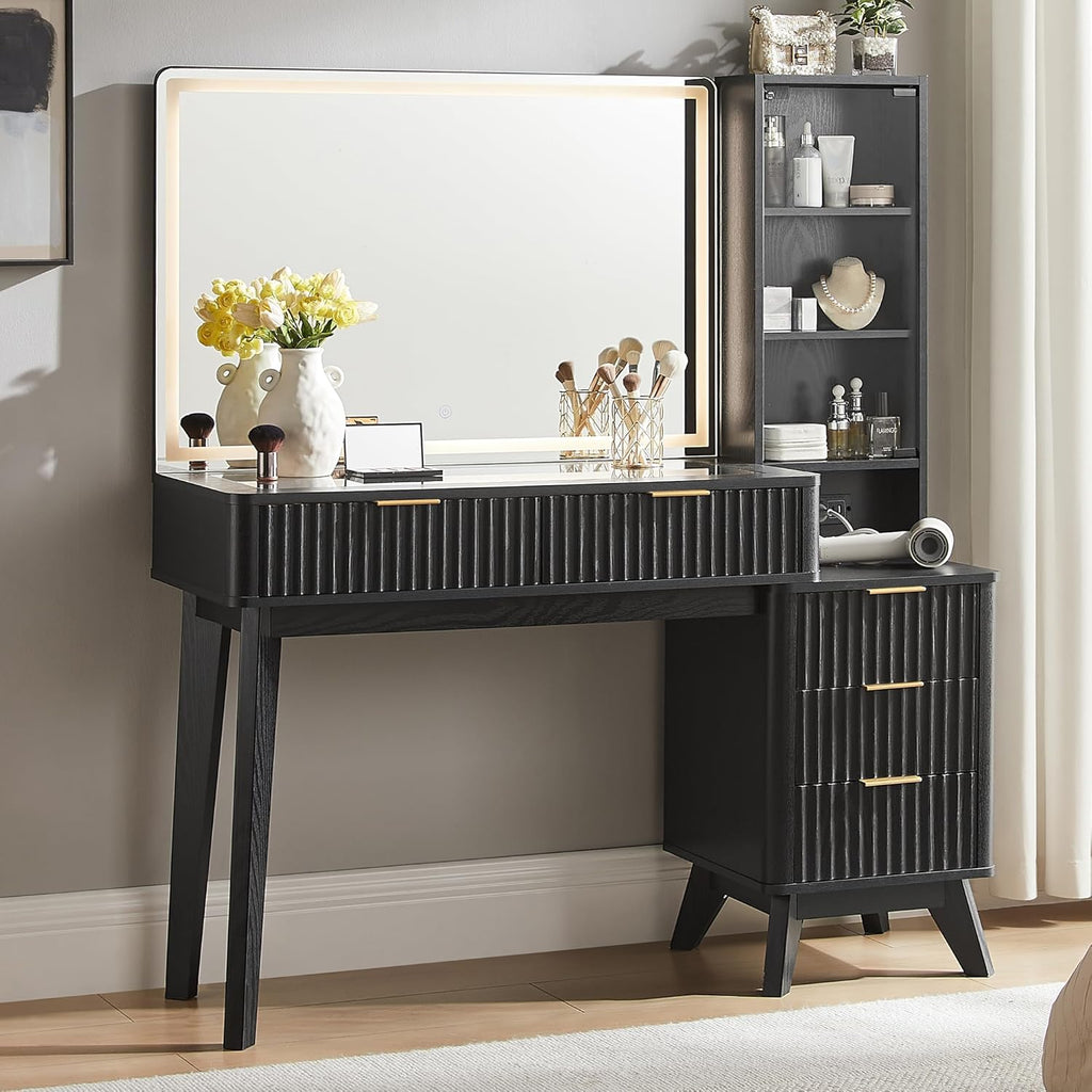 T4TREAM 48' Fluted Makeup Vanity Desk with Large 36' Mirror and Lights, Modern Glass Top Big Vanity Table w/5 Drawers & Adjustable Shelves, Dressing Table w/Charging Station for Bedroom, Black