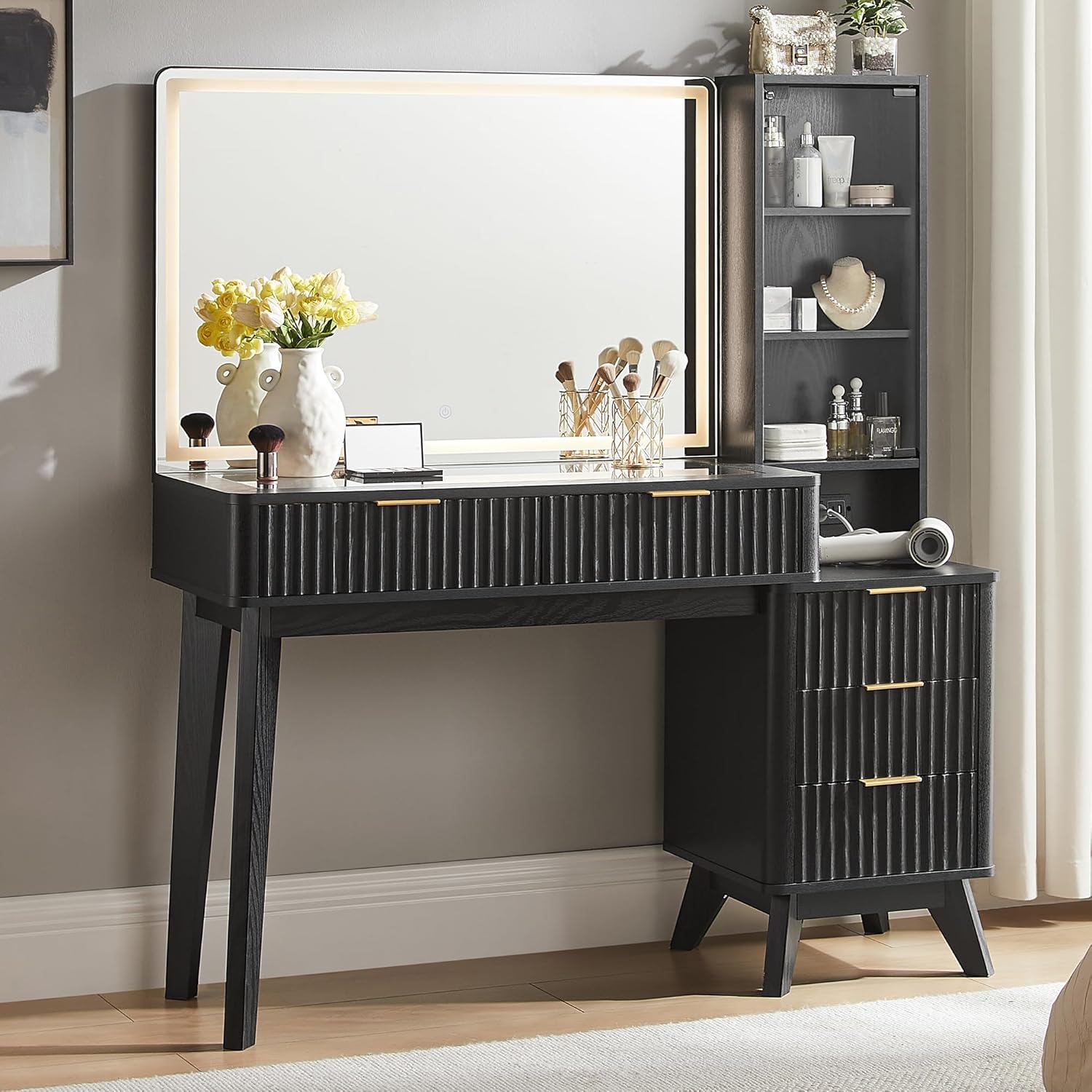 T4TREAM 48' Fluted Makeup Vanity Desk with Large 36' Mirror and Lights, Modern Glass Top Big Vanity Table w/5 Drawers & Adjustable Shelves, Dressing Table w/Charging Station for Bedroom, Black